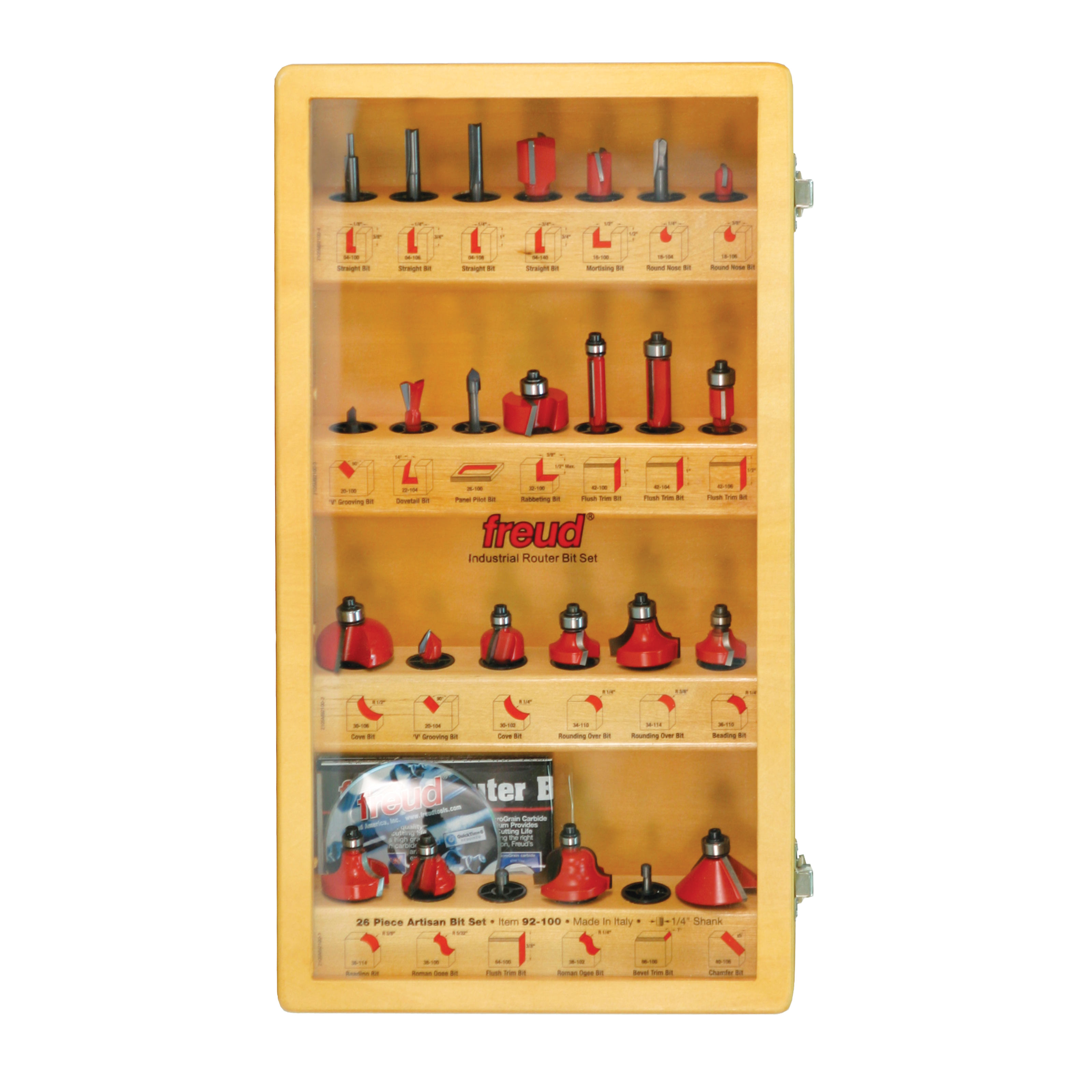 Freud 26-piece router bit set displayed in wooden storage case with red and black bits organized in rows.