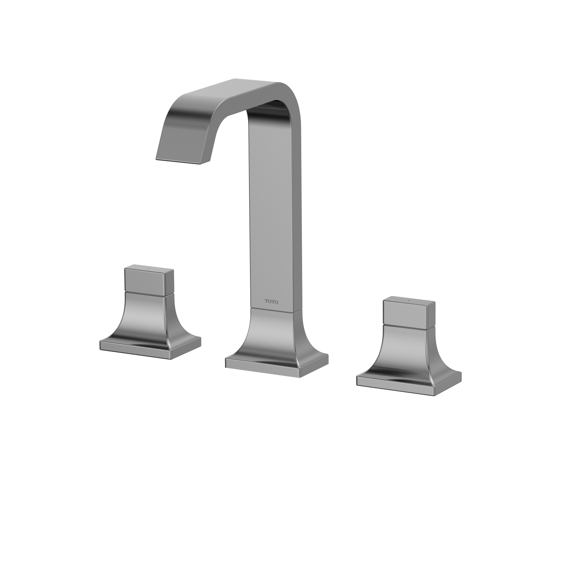 Polished chrome two-handle widespread bathroom sink faucet with arched spout and square base handles.