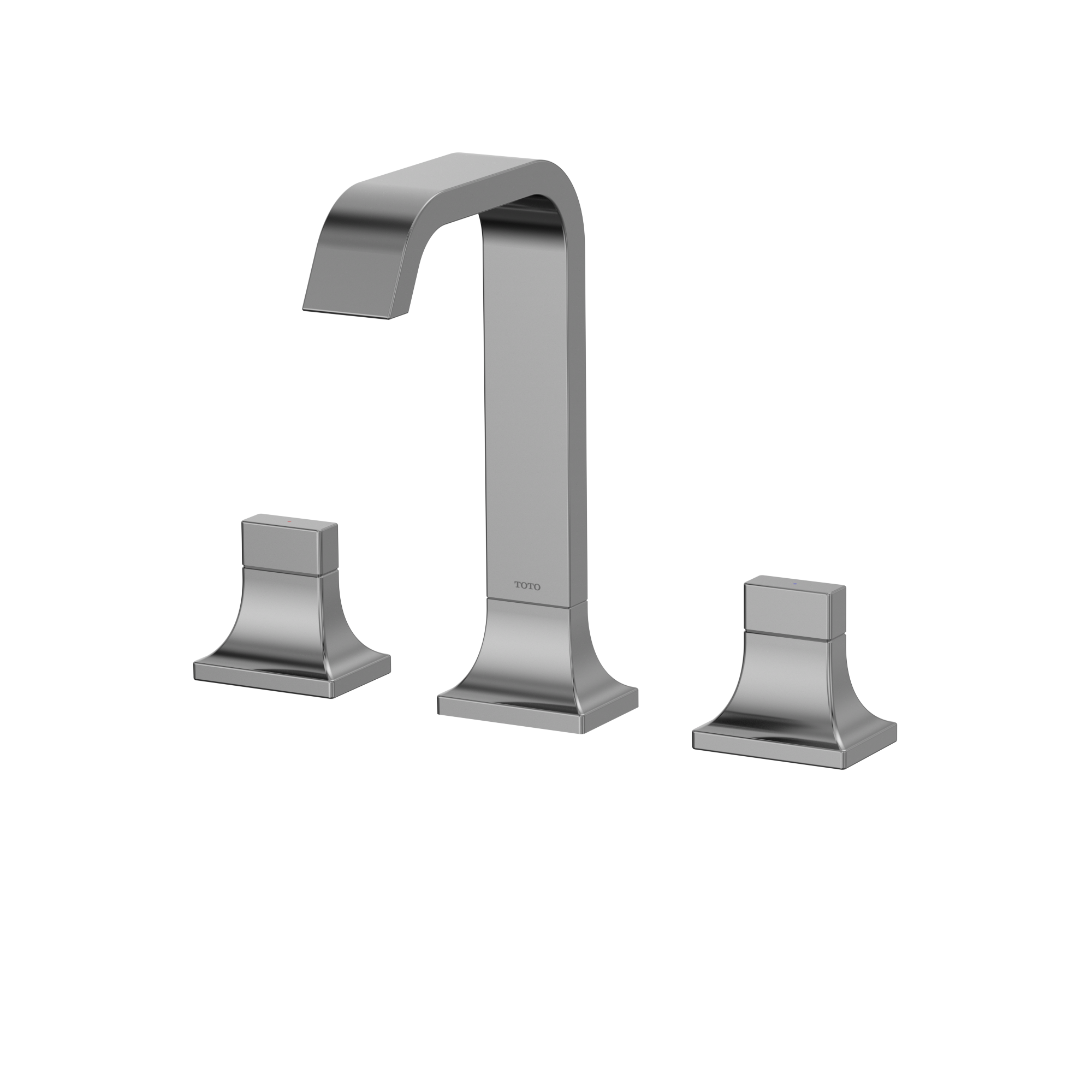 Polished chrome two-handle widespread bathroom sink faucet with arched spout and square base handles.