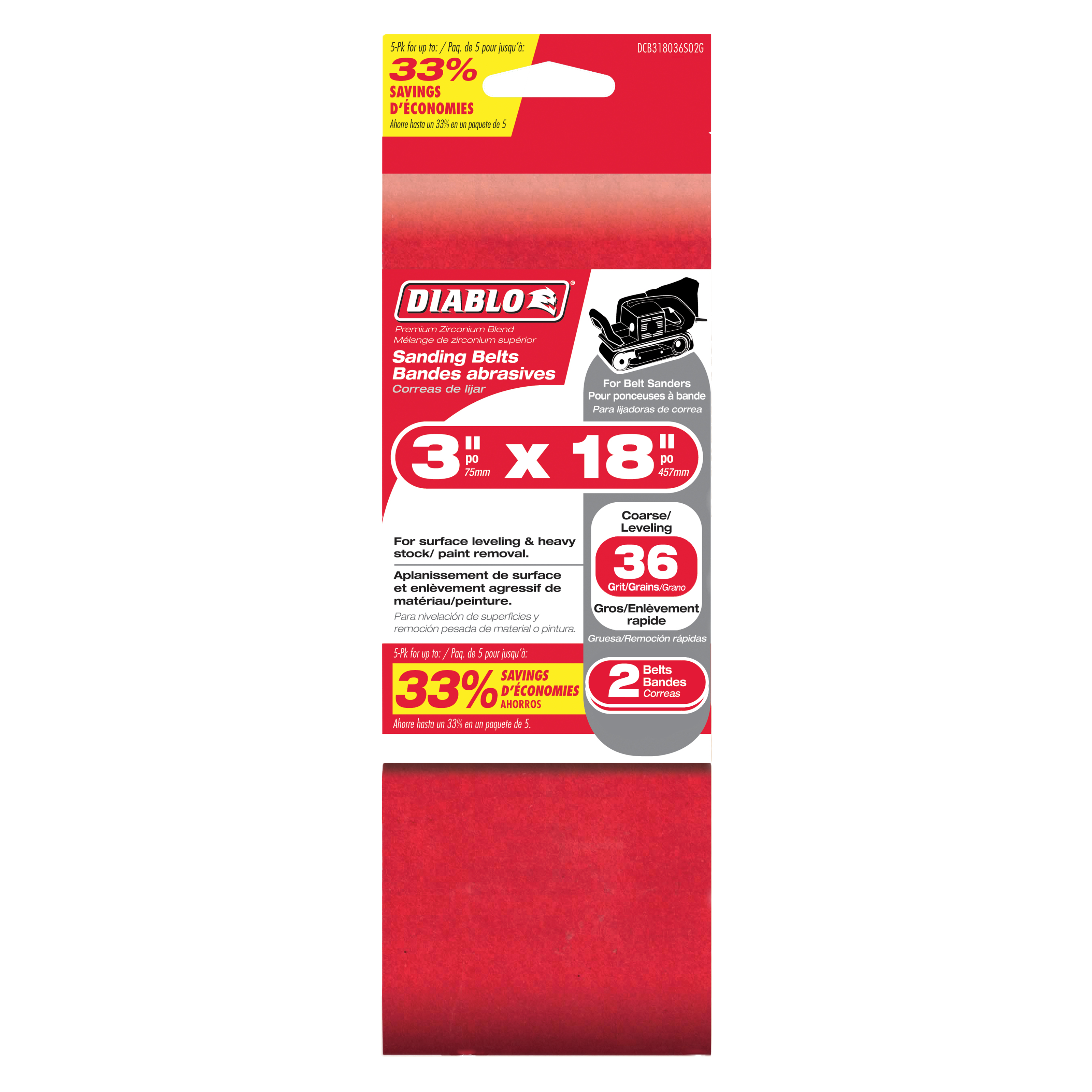 Two red 3 in. x 18 in. coarse grit sanding belts in Diablo packaging.