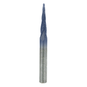 Tapered ball tip router bit with blue-coated cutting end and silver metal shank, pointed tip for detailed work.