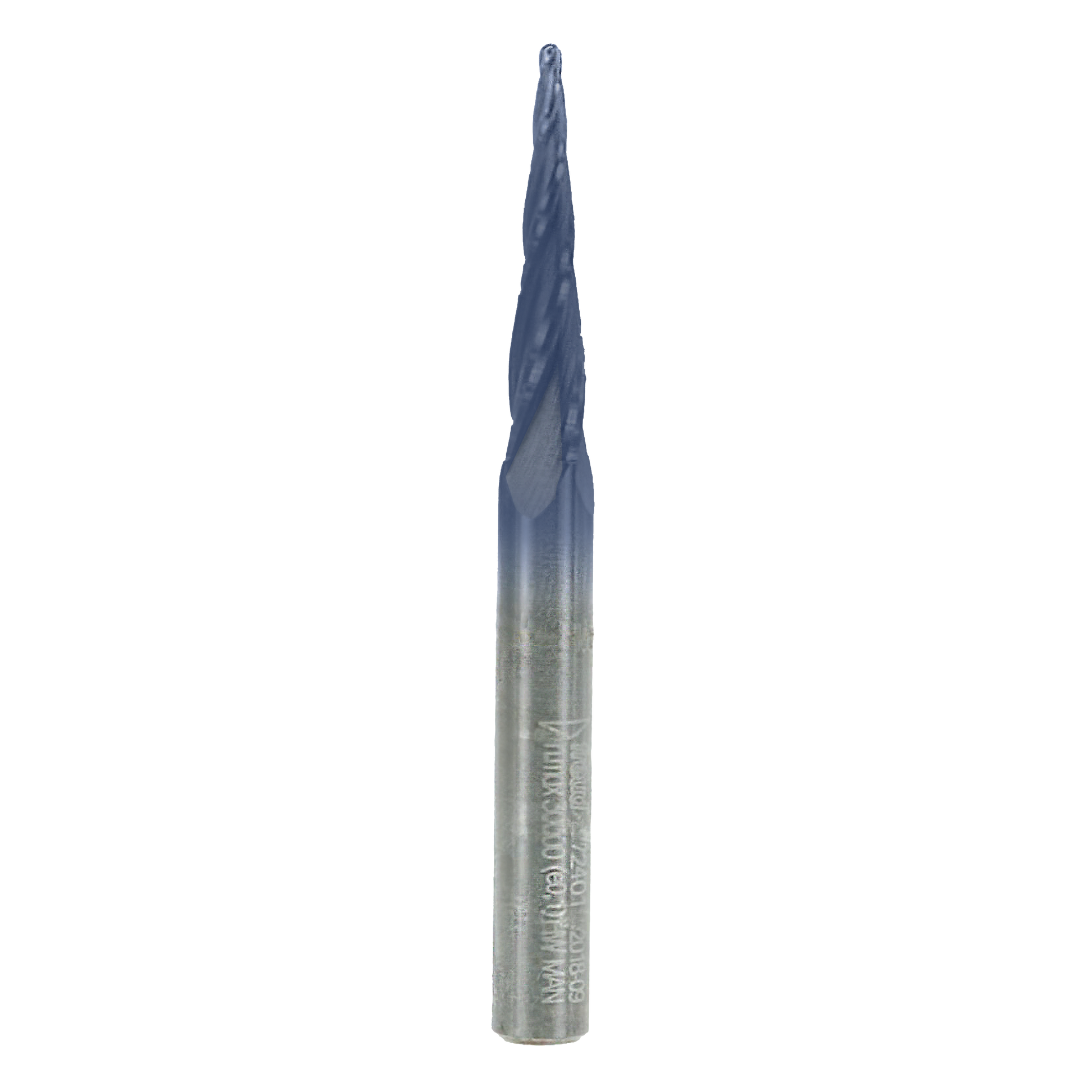Tapered ball tip router bit with blue-coated cutting end and silver metal shank, pointed tip for detailed work.