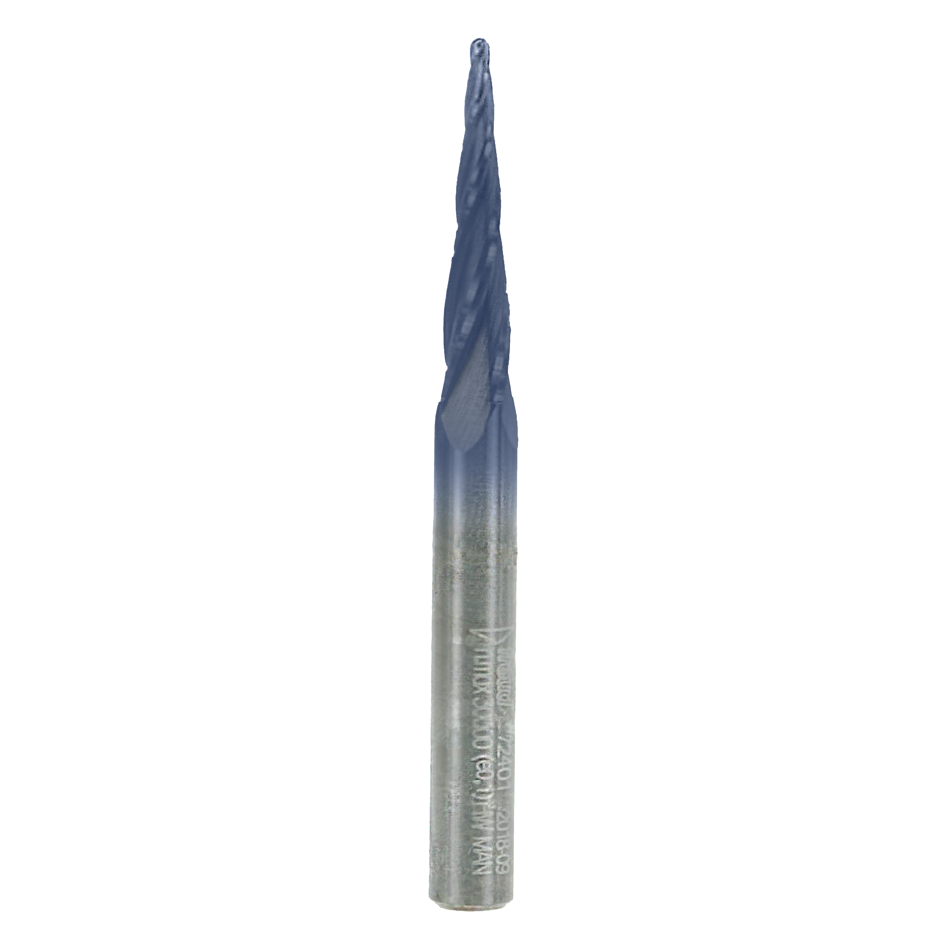 Tapered ball tip router bit with blue-coated cutting end and silver metal shank, pointed tip for detailed work.