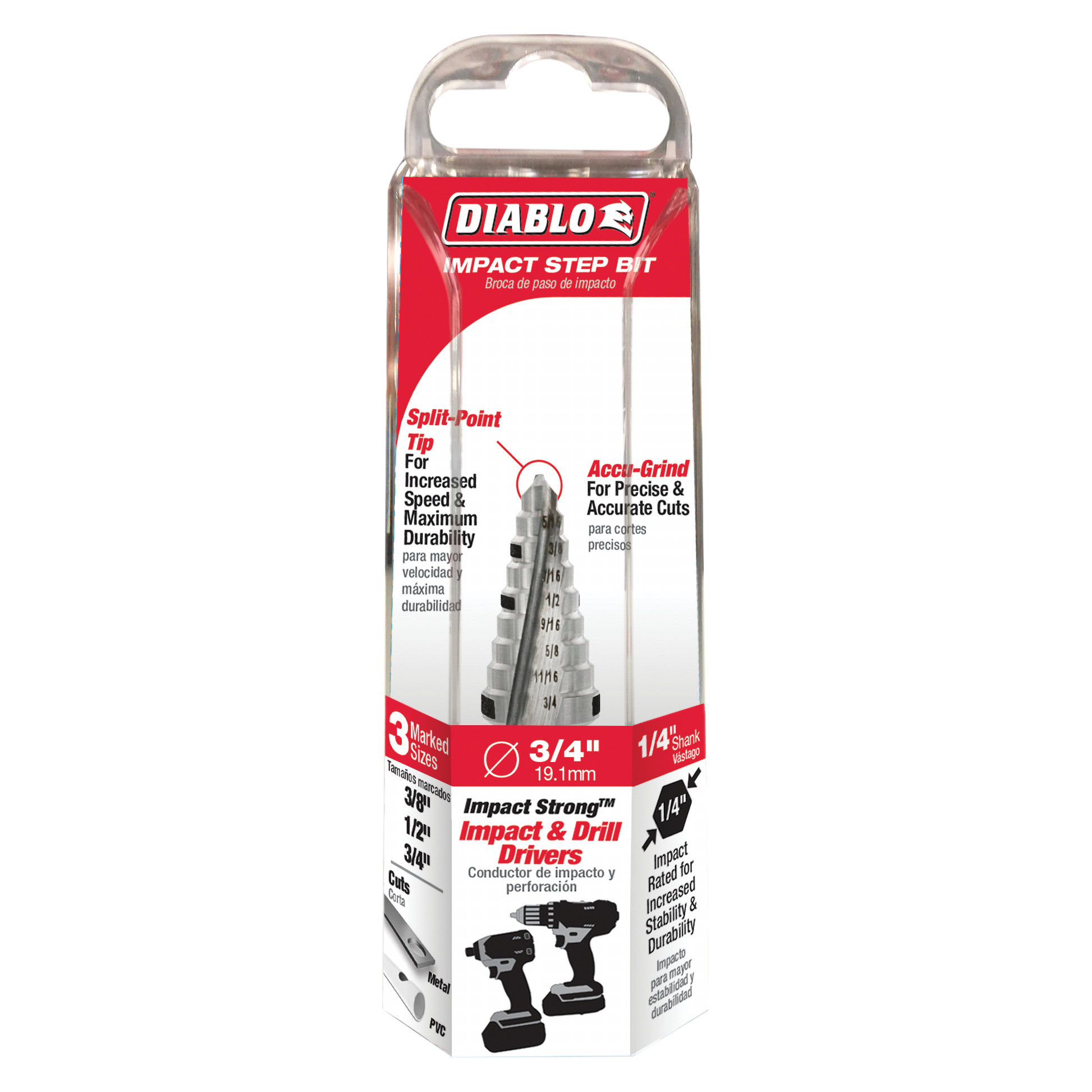 Diablo step drill bit with graduated cutting edges ranging from 3/8 to 3/4 inch in clear packaging with red label.