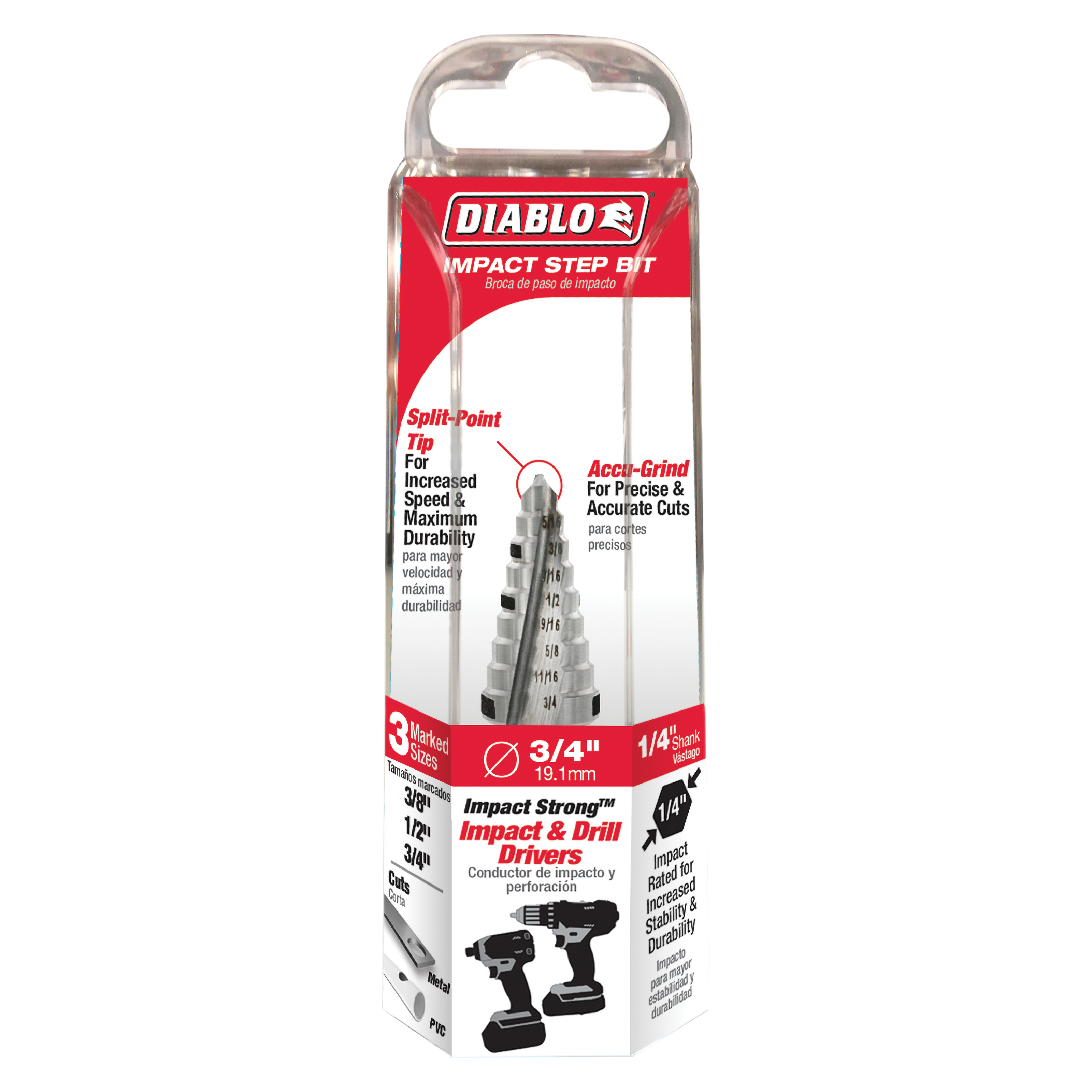Diablo step drill bit with graduated cutting edges ranging from 3/8 to 3/4 inch in clear packaging with red label.
