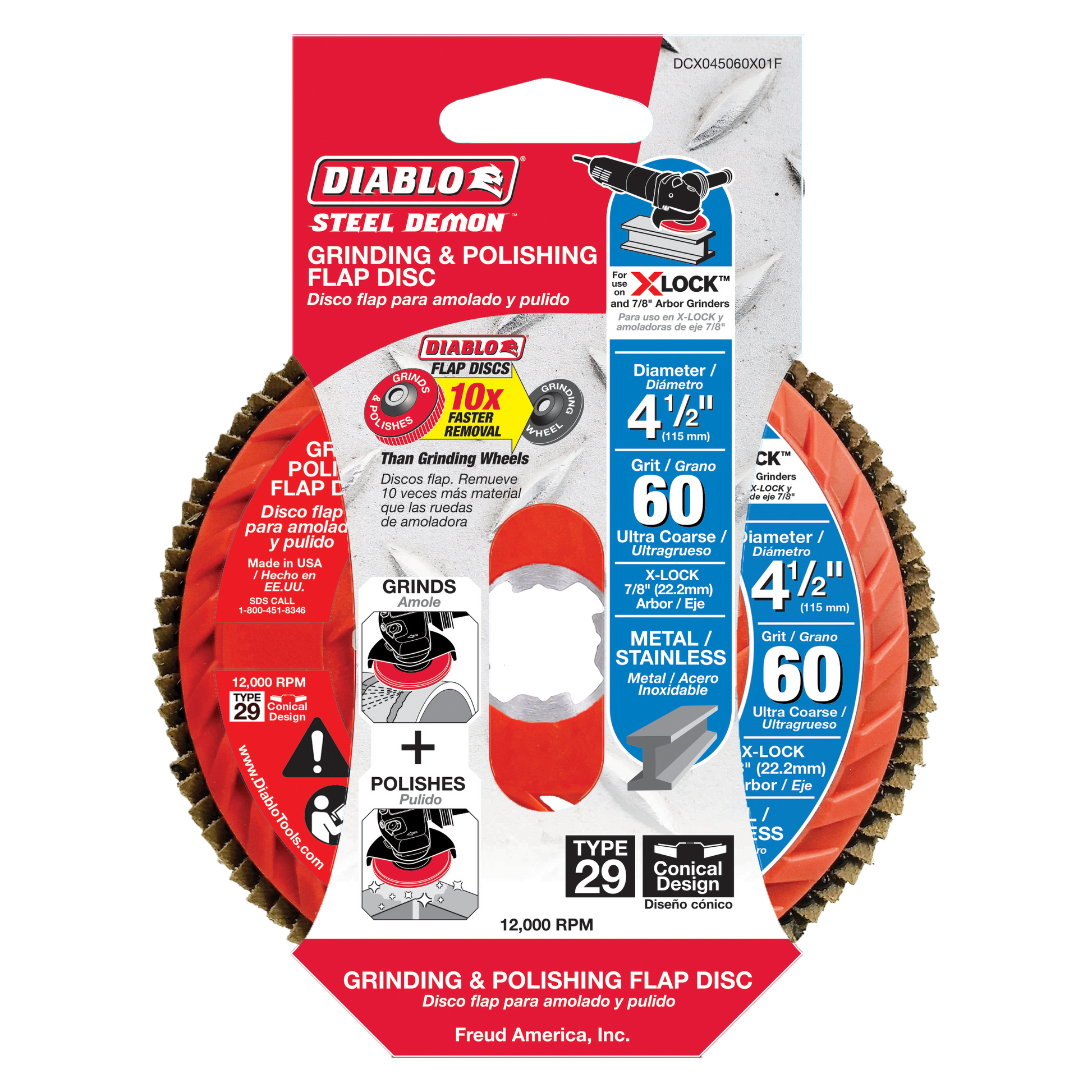 Red and tan 4-1/2 inch flap disc with 60-grit abrasive coating and X-Lock attachment system for grinding and polishing.