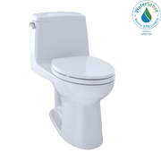 Cotton white one-piece elongated toilet with soft-close seat and integrated tank.