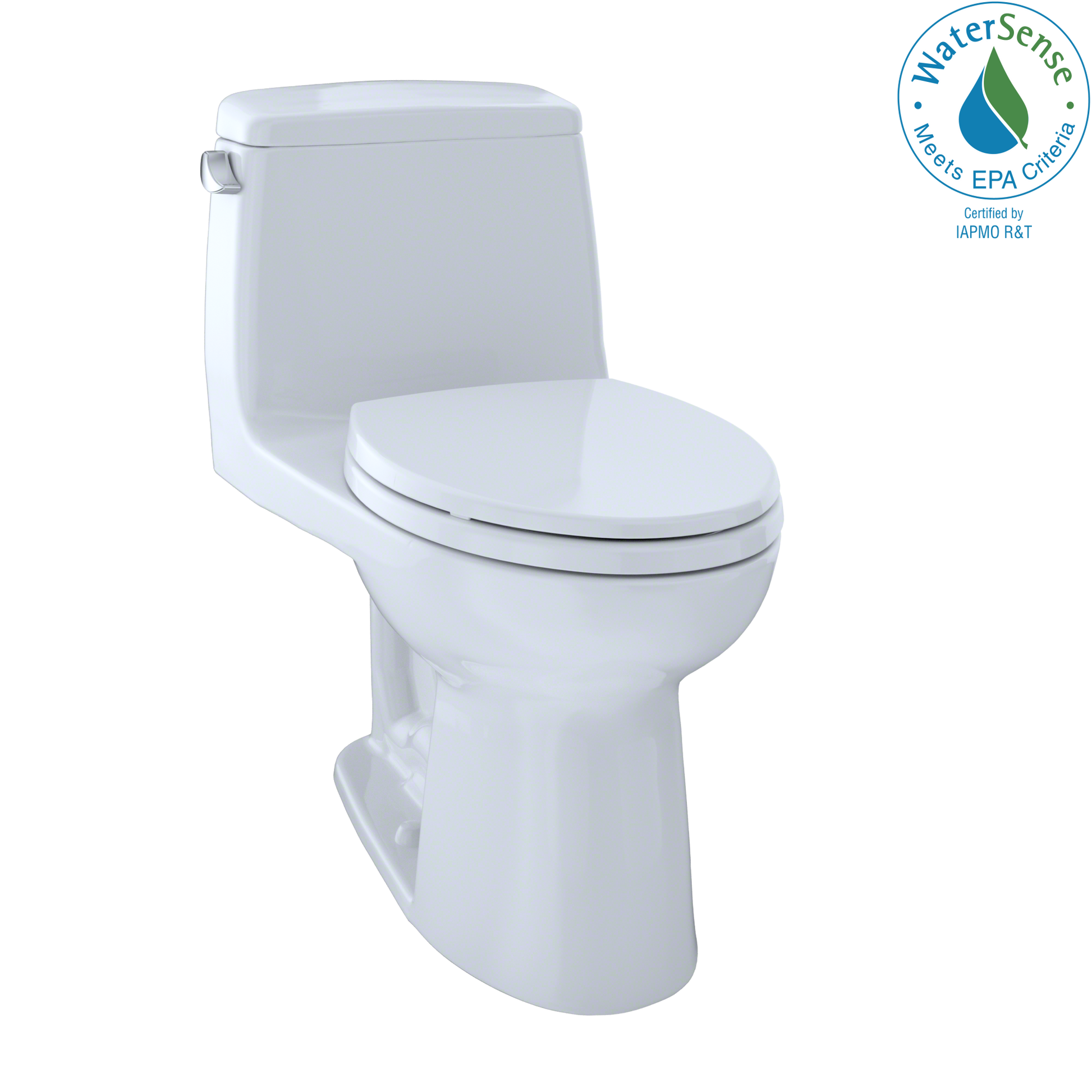 Cotton white one-piece elongated toilet with soft-close seat and integrated tank.