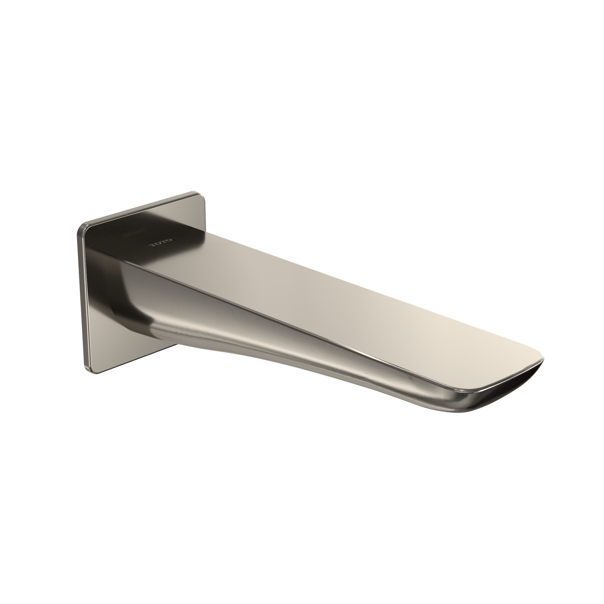 Polished nickel wall-mounted tub spout with rectangular backplate and angled spout outlet.