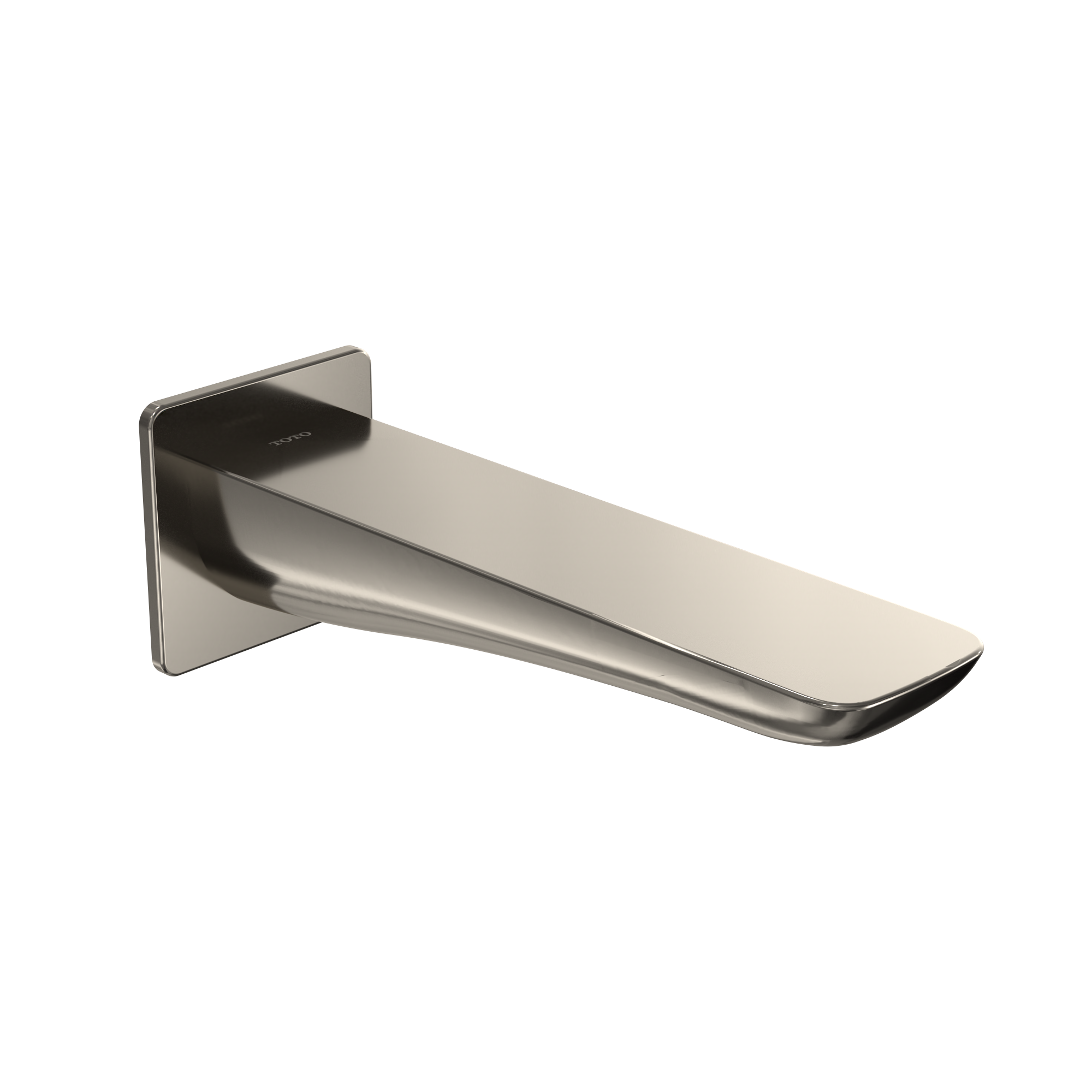 Polished nickel wall-mounted tub spout with rectangular backplate and angled spout outlet.