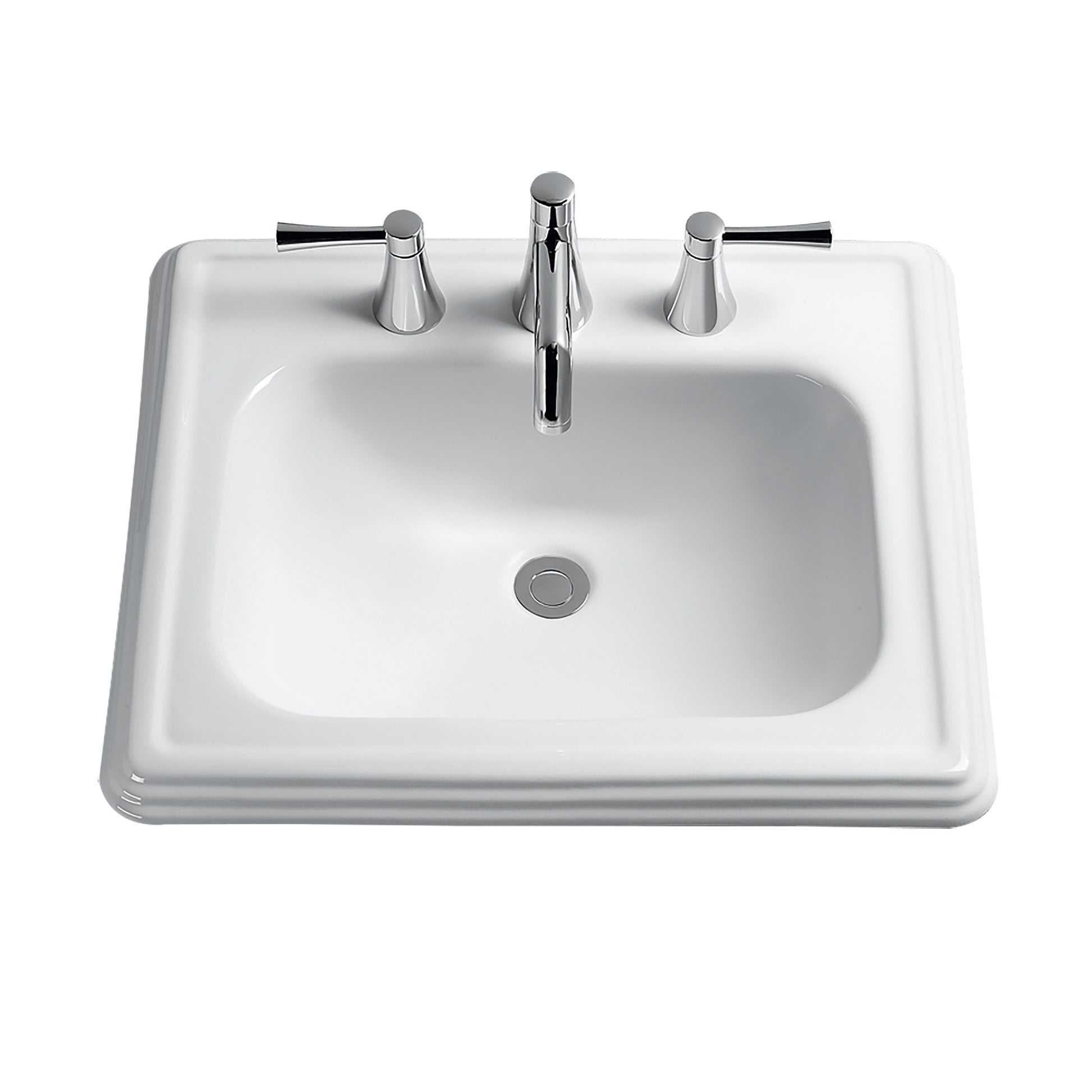 White rectangular bathroom sink with rounded basin and three chrome faucet holes spaced 4 inches apart.