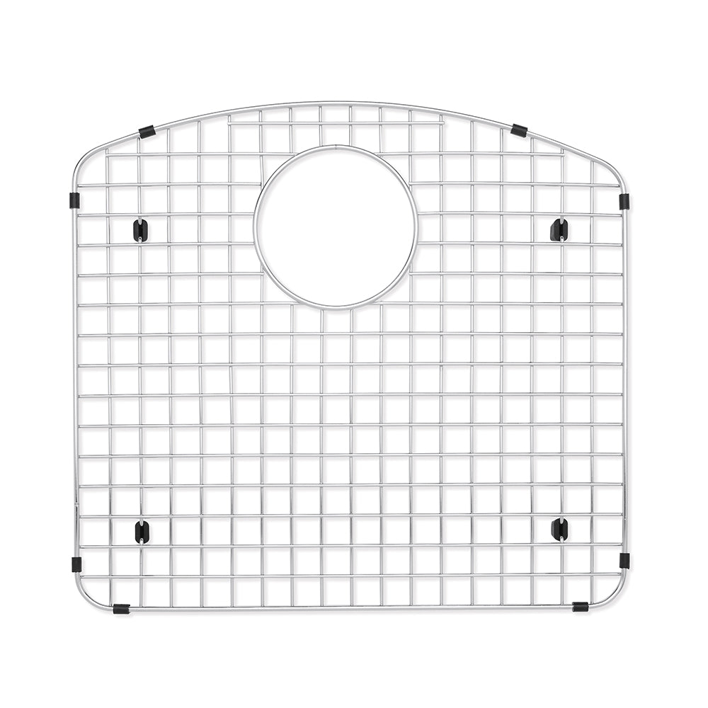 Stainless steel sink grid with square wire pattern, center drain opening, and black rubber feet for positioning in sink basin