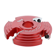 Red and pink router bit cutter head with white mounting blocks and adjustment knobs for woodworking.