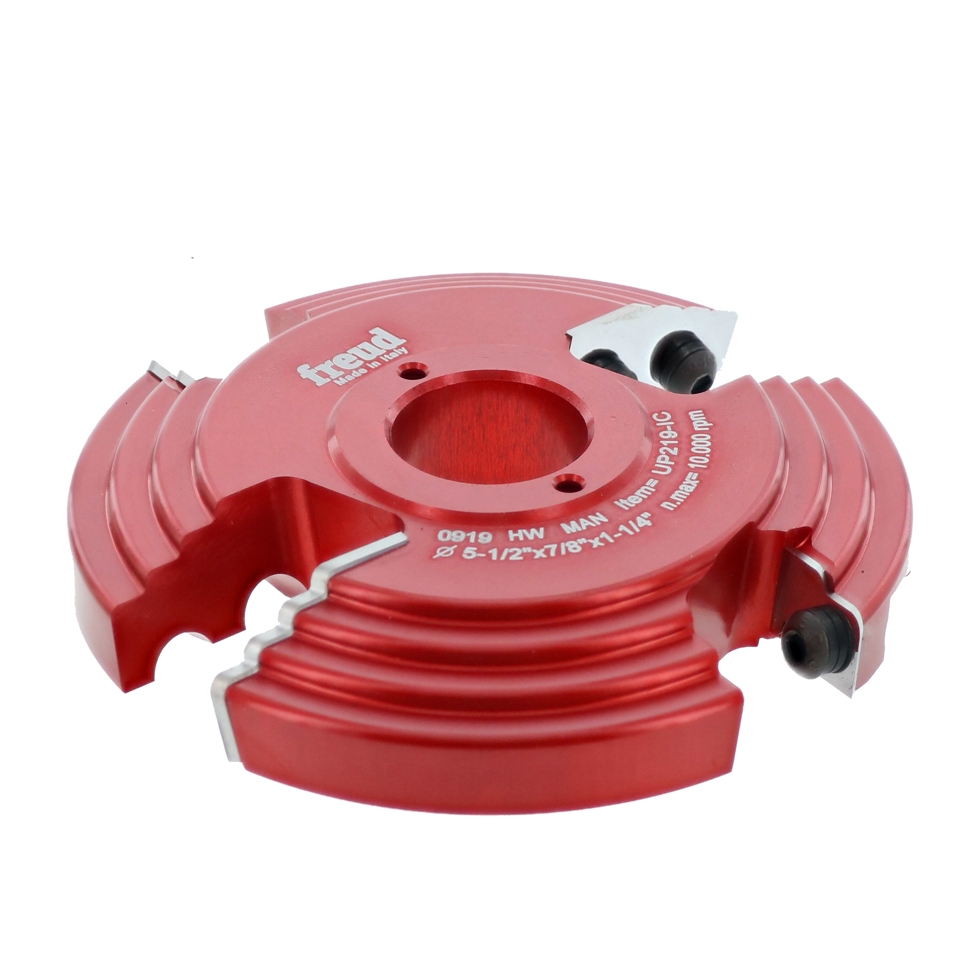 Red and pink router bit cutter head with white mounting blocks and adjustment knobs for woodworking.