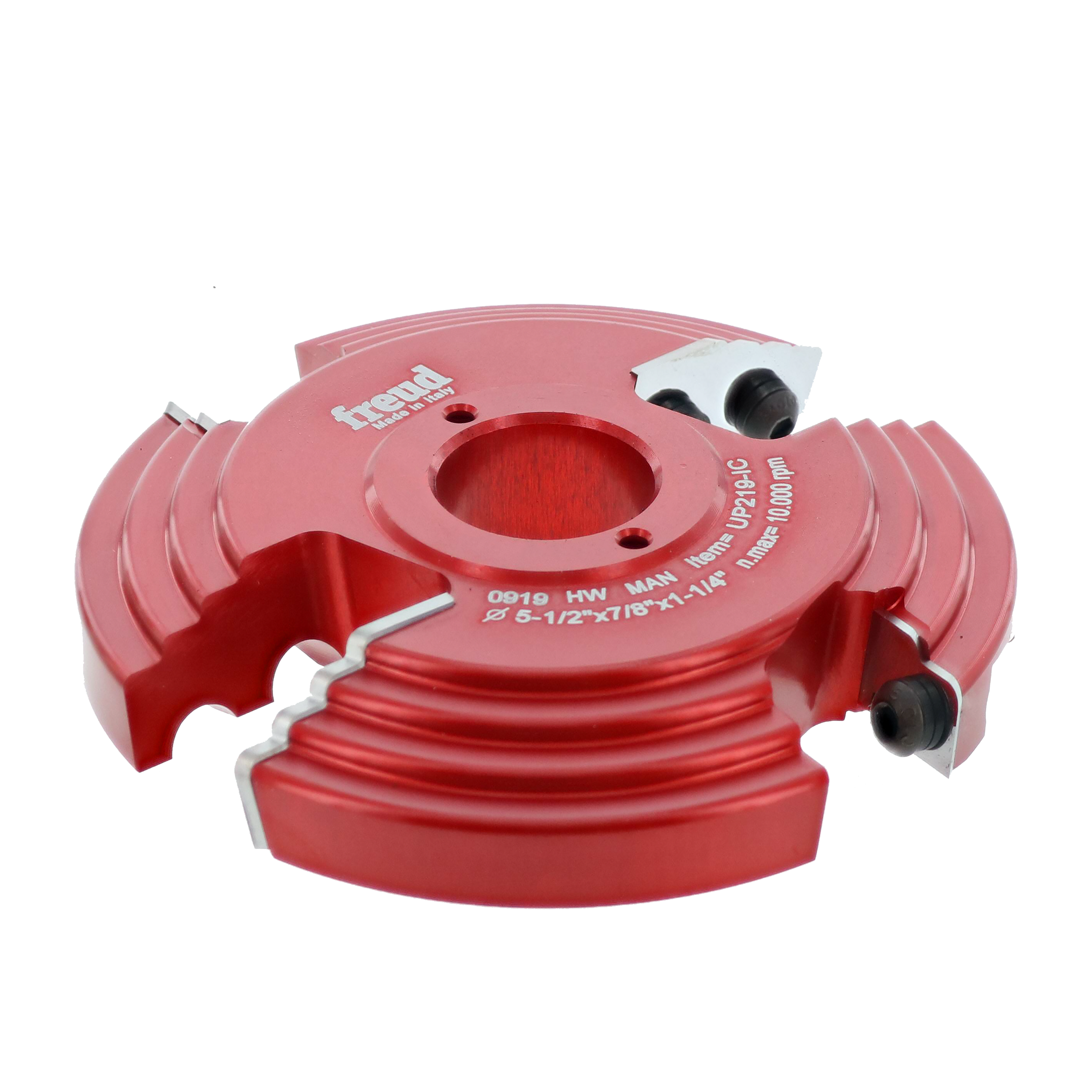 Red and pink router bit cutter head with white mounting blocks and adjustment knobs for woodworking.