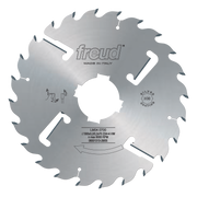 Circular saw blade with multiple teeth around the edge, white center hole, Freud branding and specifications printed on gray 