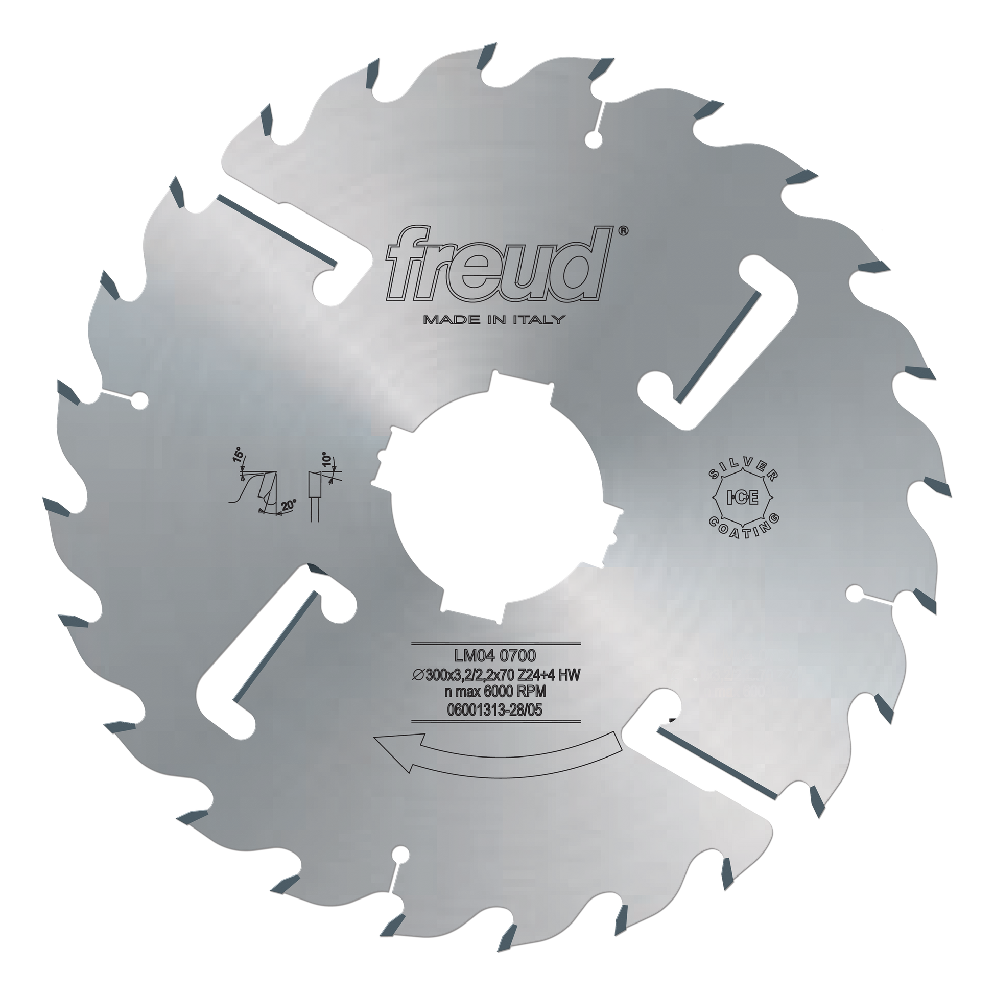 Circular saw blade with multiple teeth around the edge, white center hole, Freud branding and specifications printed on gray 