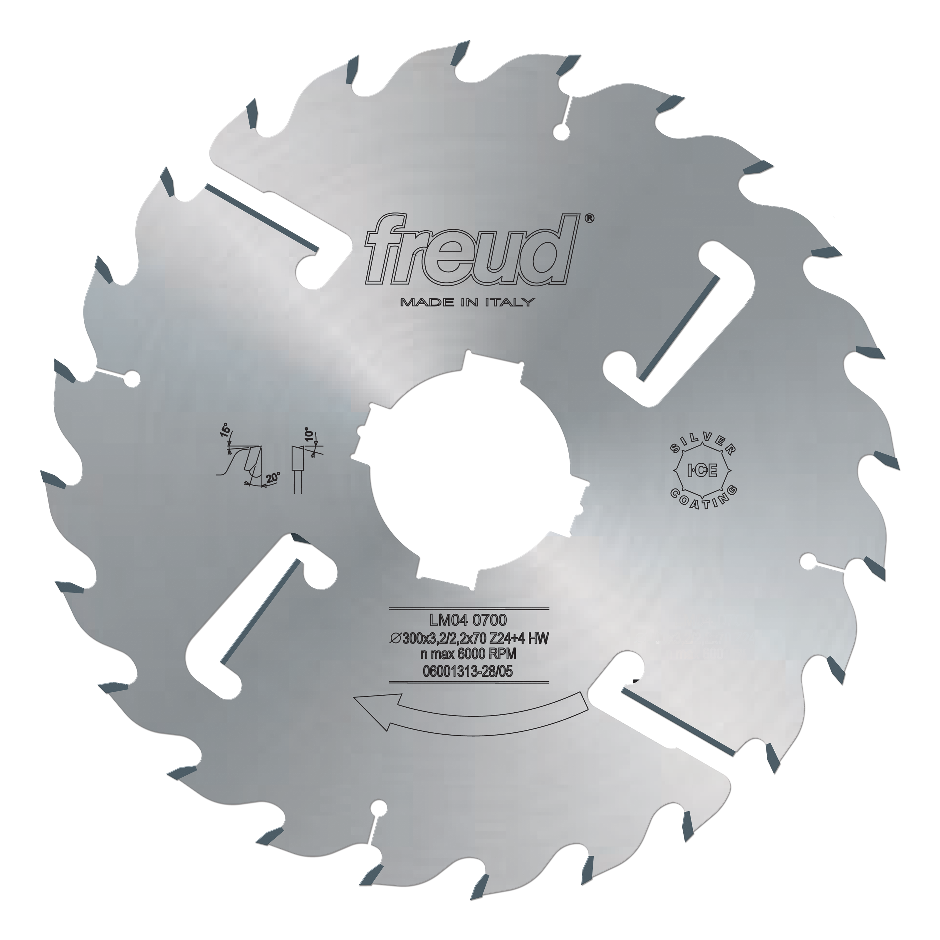 Circular saw blade with multiple teeth around the edge, white center hole, Freud branding and specifications printed on gray 