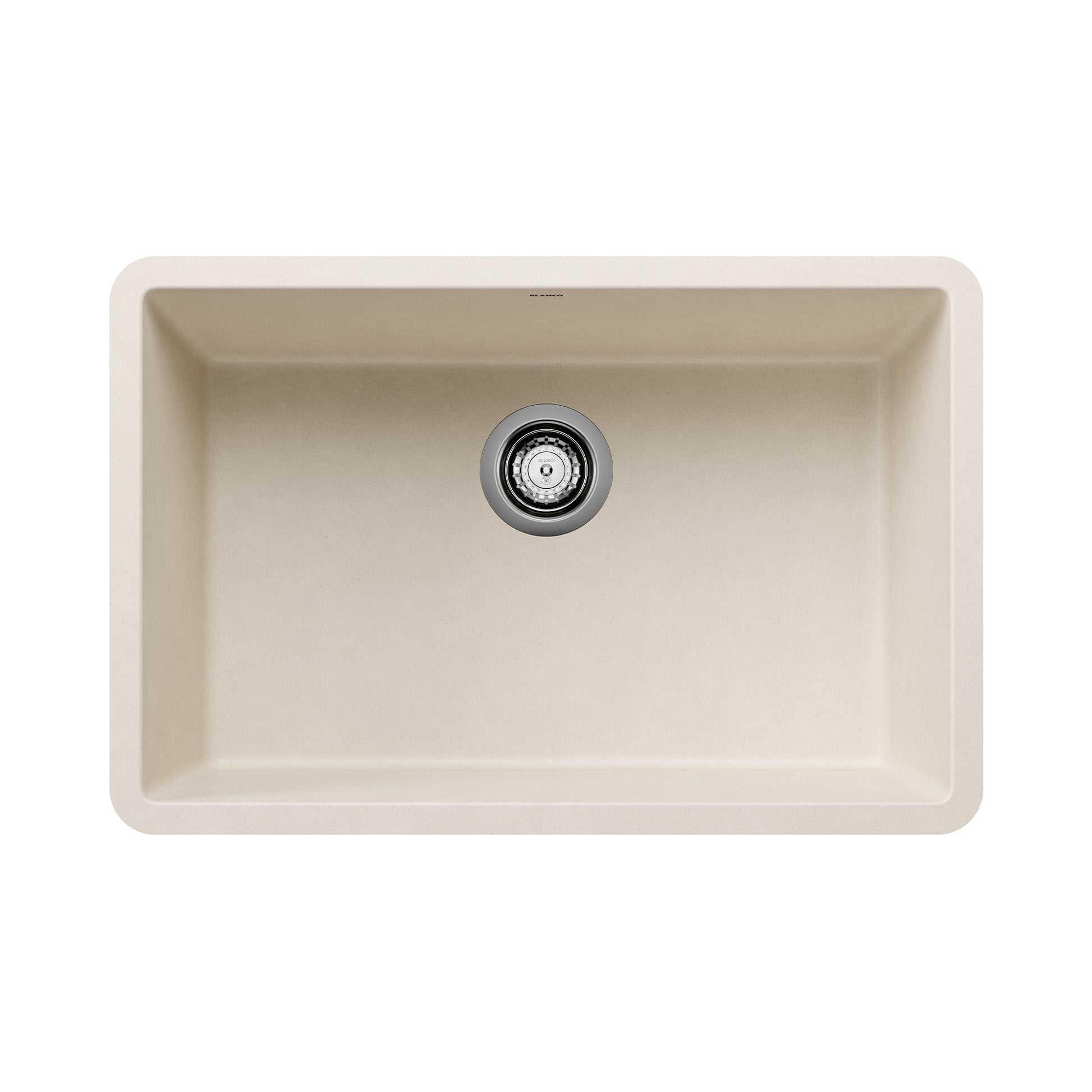 Soft white single bowl undermount sink with rounded corners and chrome drain strainer.