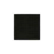 Oil rubbed bronze square drain grate with horizontal slat pattern and recessed center opening.