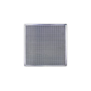 Polished stainless steel square drain grate with horizontal slat pattern and center drain opening.