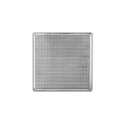 Square satin stainless steel drain grate with linear slot pattern and center opening.