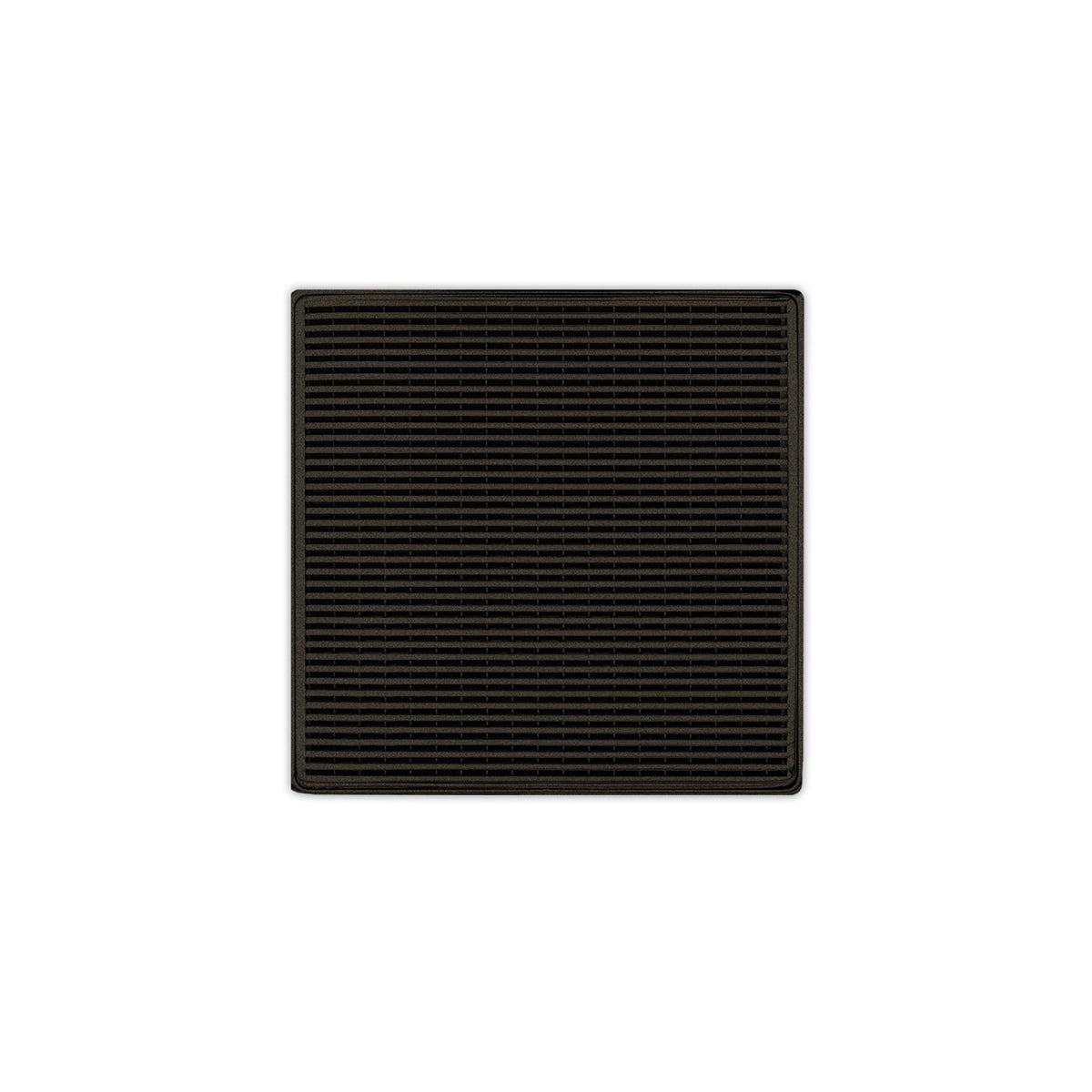 Oil rubbed bronze square drain grate with horizontal slat pattern and rounded corners.
