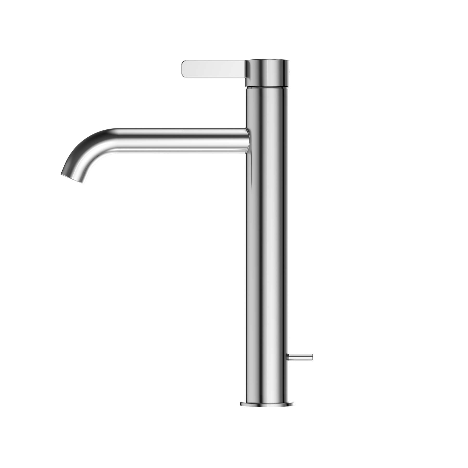 Polished chrome single-handle vessel sink faucet with tall cylindrical body and curved spout.