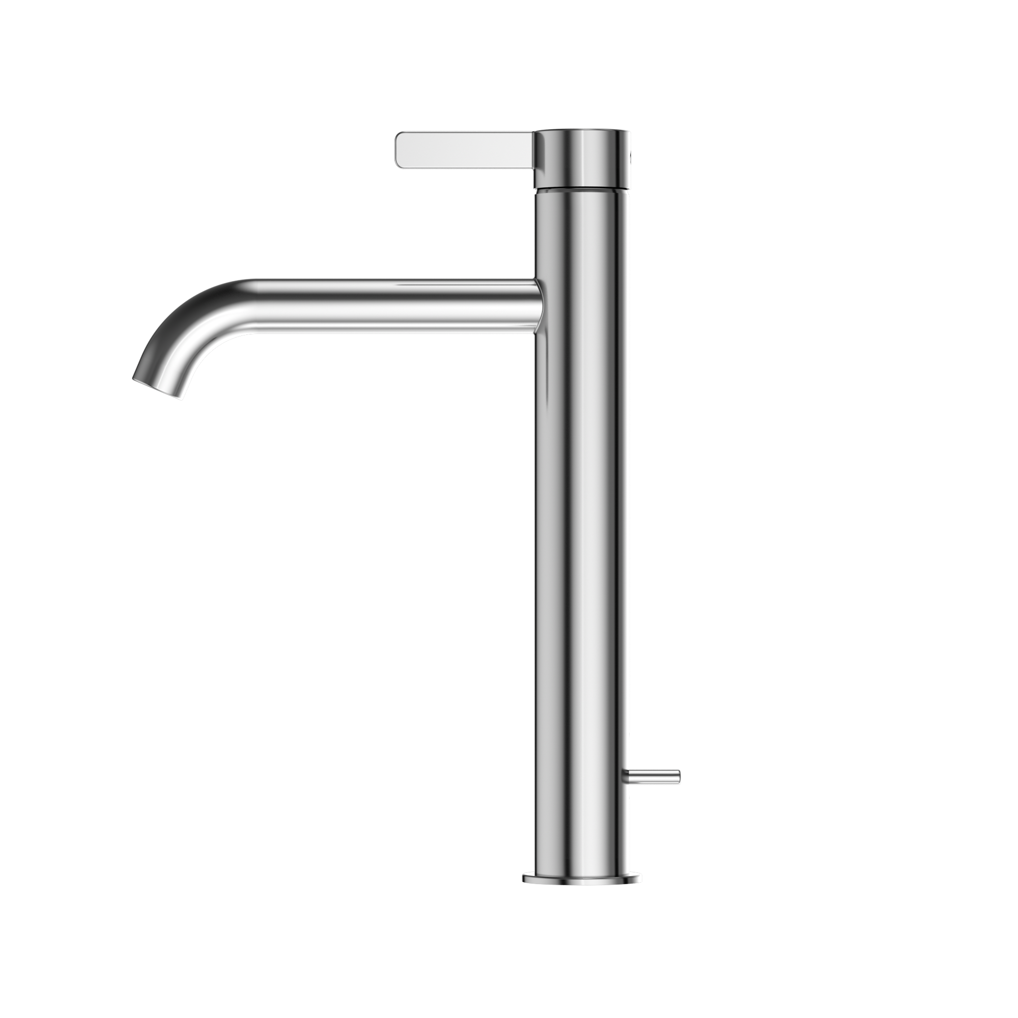 Polished chrome single-handle vessel sink faucet with tall cylindrical body and curved spout.