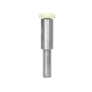 Carbide router bit with cream-colored bearing guide at top and metal shaft with cutting flutes below.