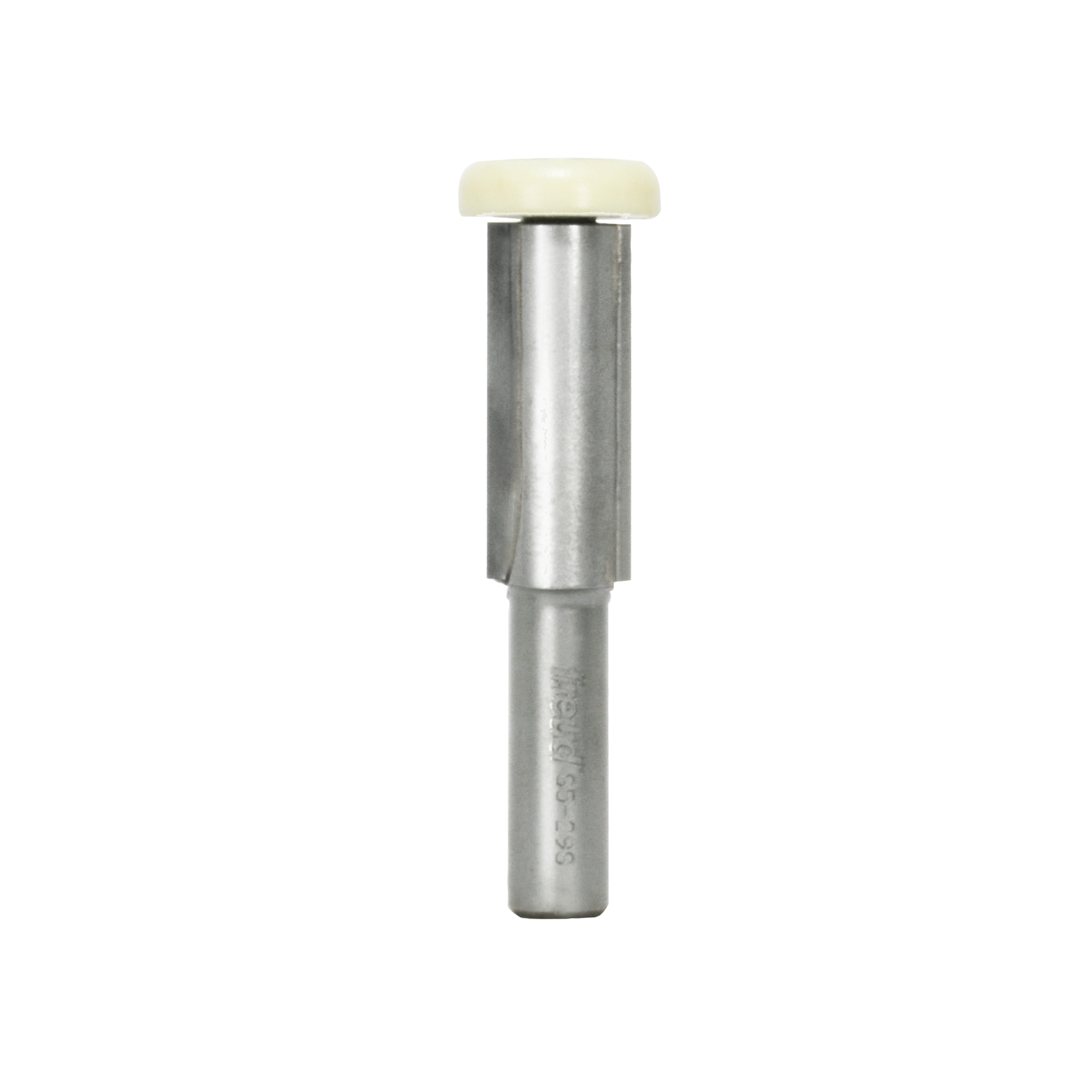 Carbide router bit with cream-colored bearing guide at top and metal shaft with cutting flutes below.