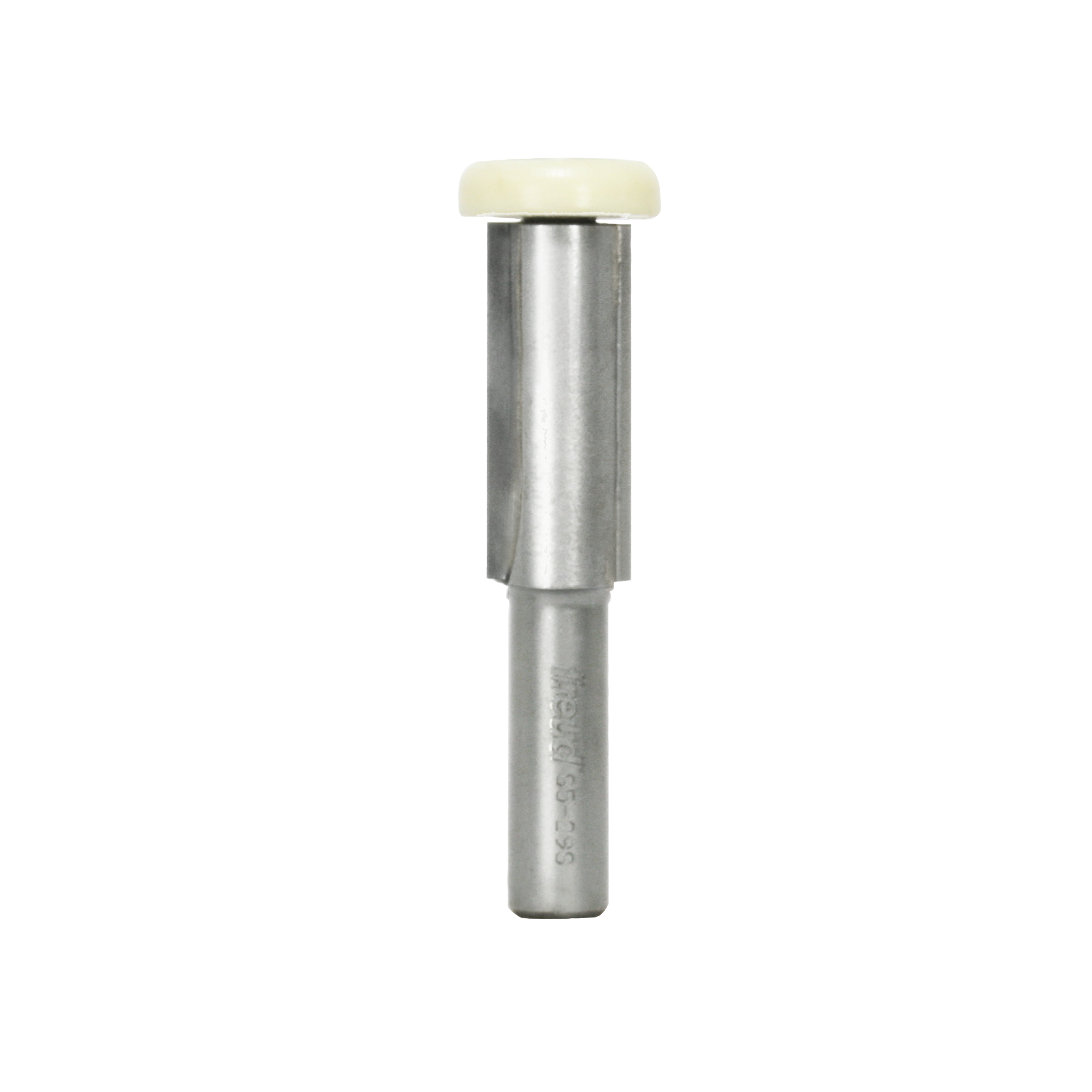 Carbide router bit with cream-colored bearing guide at top and metal shaft with cutting flutes below.