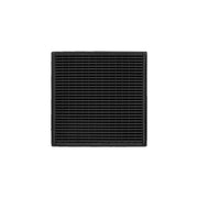 Matte black square drain grate with horizontal slat pattern and centered drain opening.