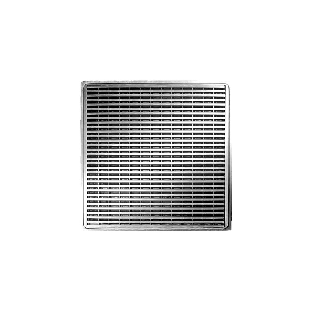 Square stainless steel drain grate with horizontal slat pattern and polished finish.