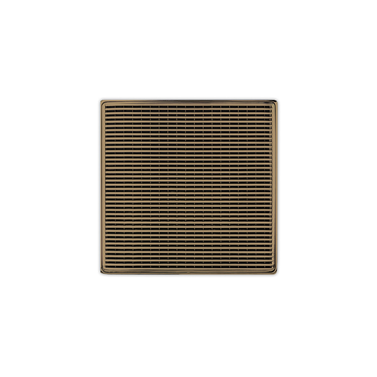 Square satin bronze drain grate with horizontal slat pattern and center drain opening.