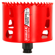 Red carbide-tipped holesaw with serrated cutting edge and black arbor attachment, labeled for wood and metal cutting.
