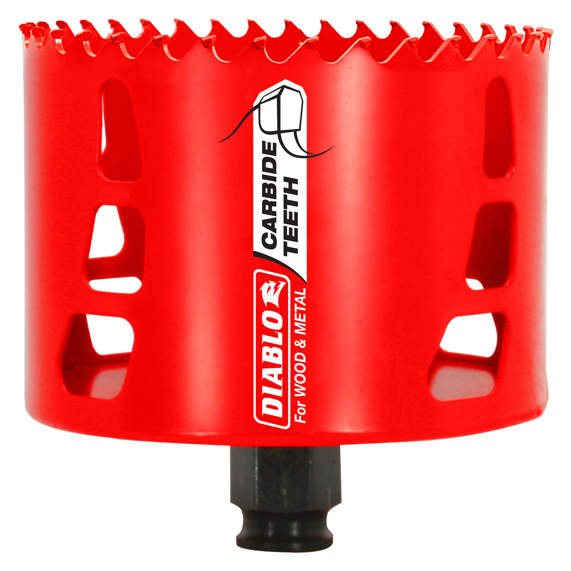 Red carbide-tipped holesaw with serrated cutting edge and black arbor attachment, labeled for wood and metal cutting.