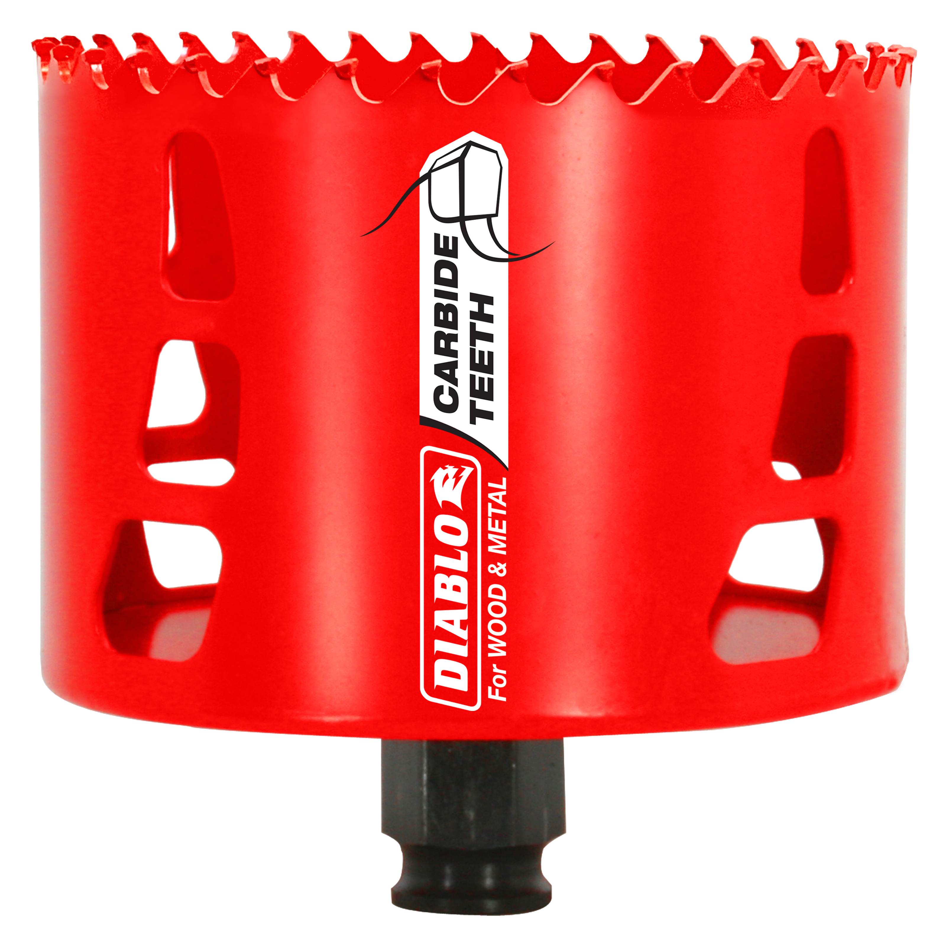 Red carbide-tipped holesaw with serrated cutting edge and black arbor attachment, labeled for wood and metal cutting.