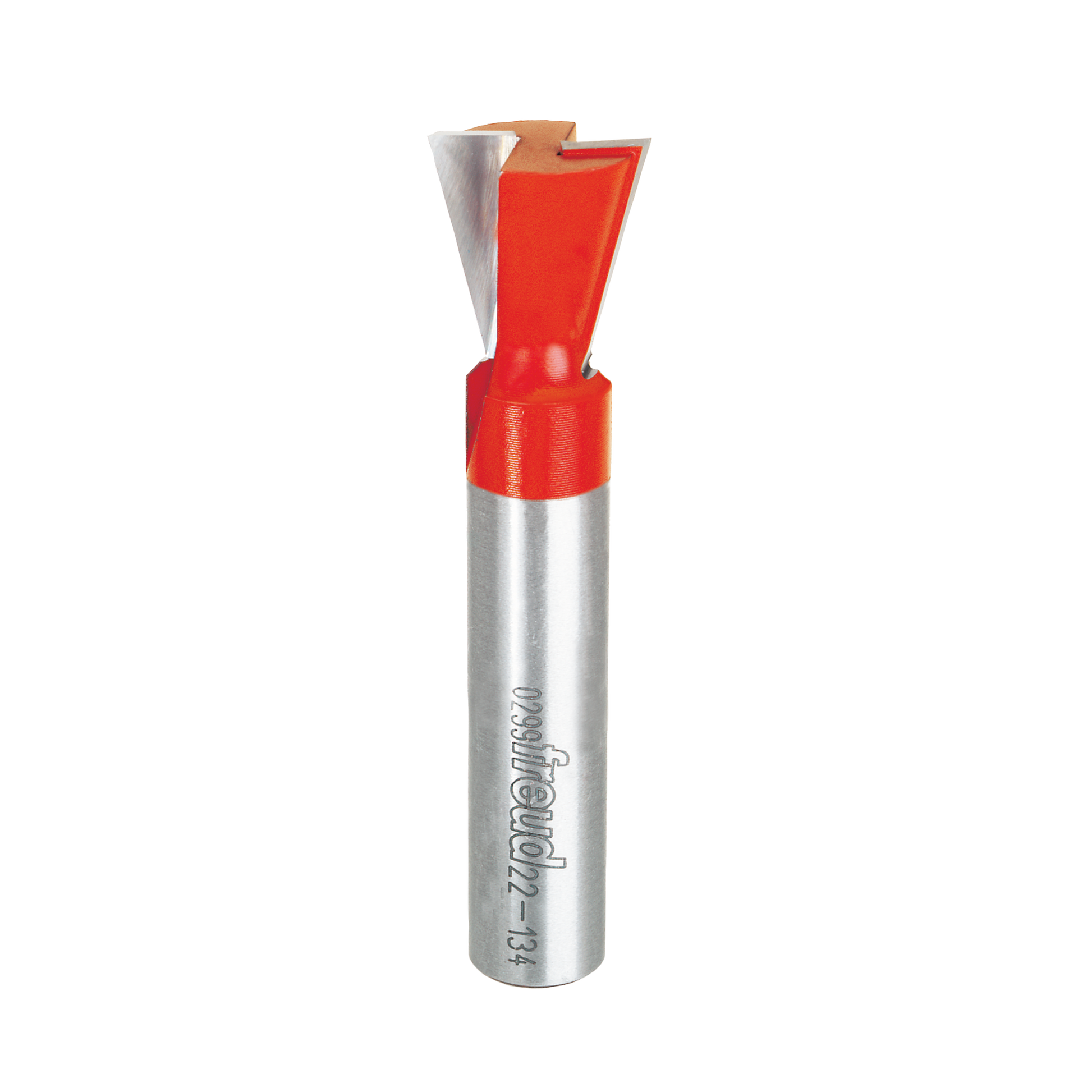 Freud 3/4" dovetail bit with red plastic coating on upper portion and silver metal shaft below.