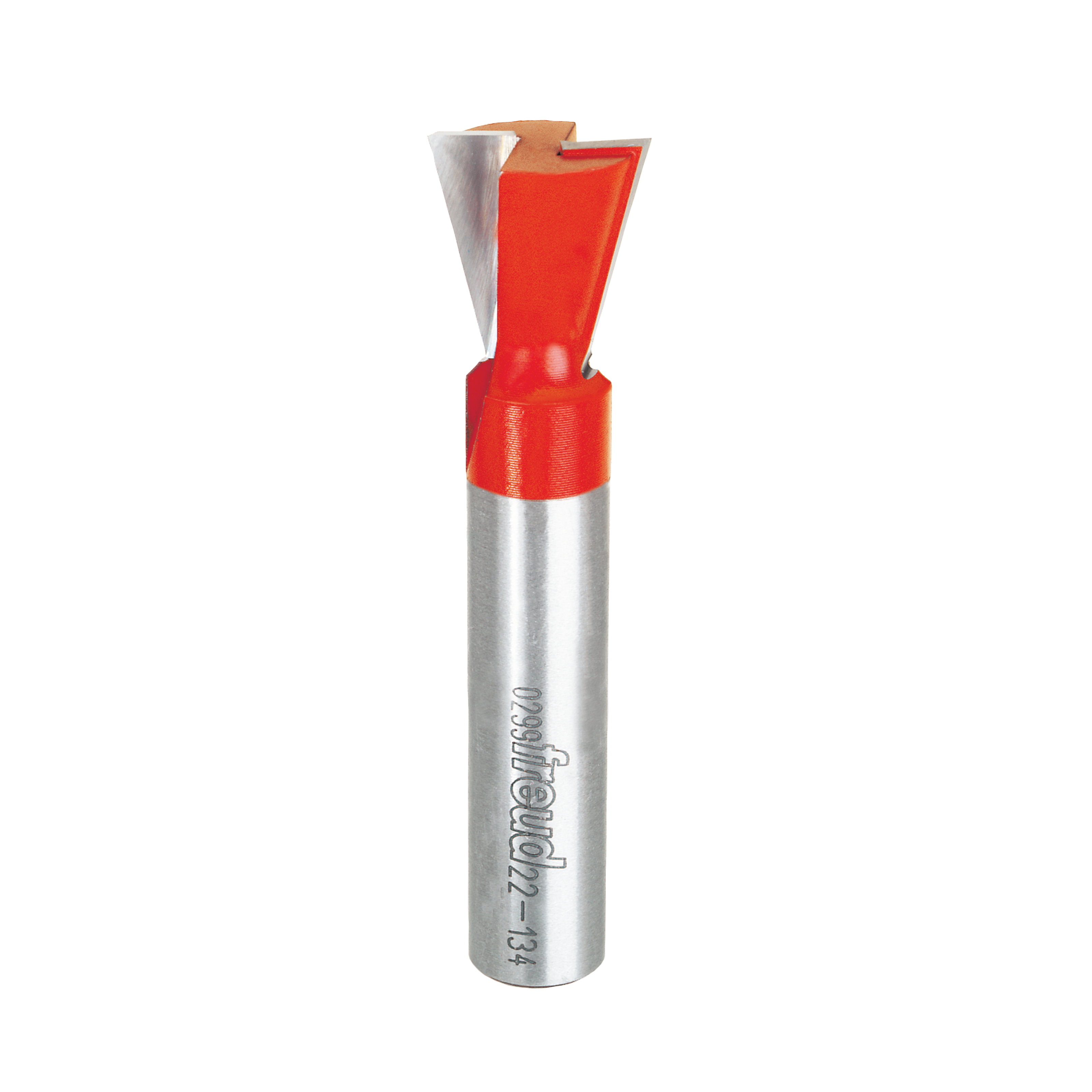 Freud 3/4" dovetail bit with red plastic coating on upper portion and silver metal shaft below.
