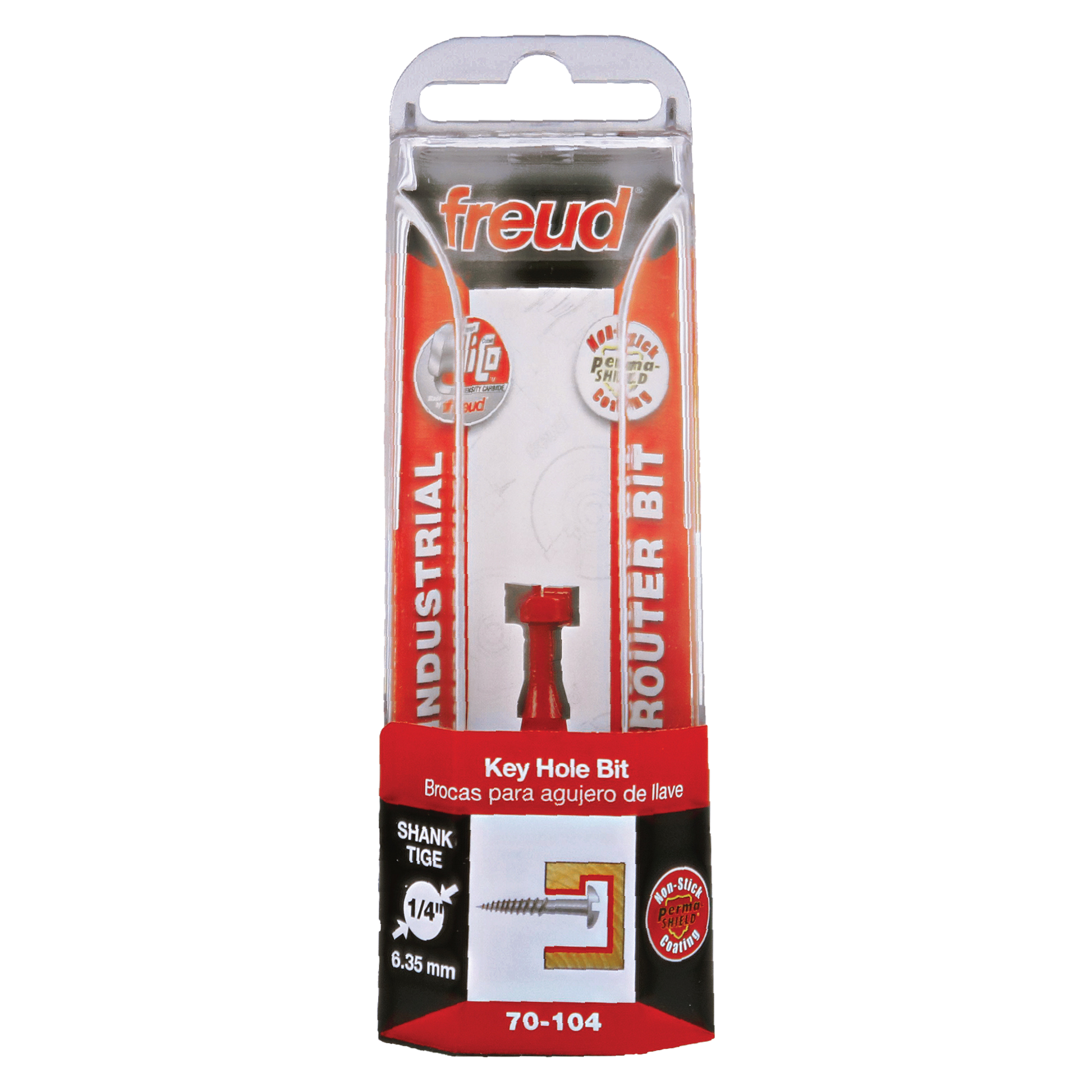 Freud 70-104 key hole bit with red cutting head and tiger shank, 25/64" diameter, in retail packaging.