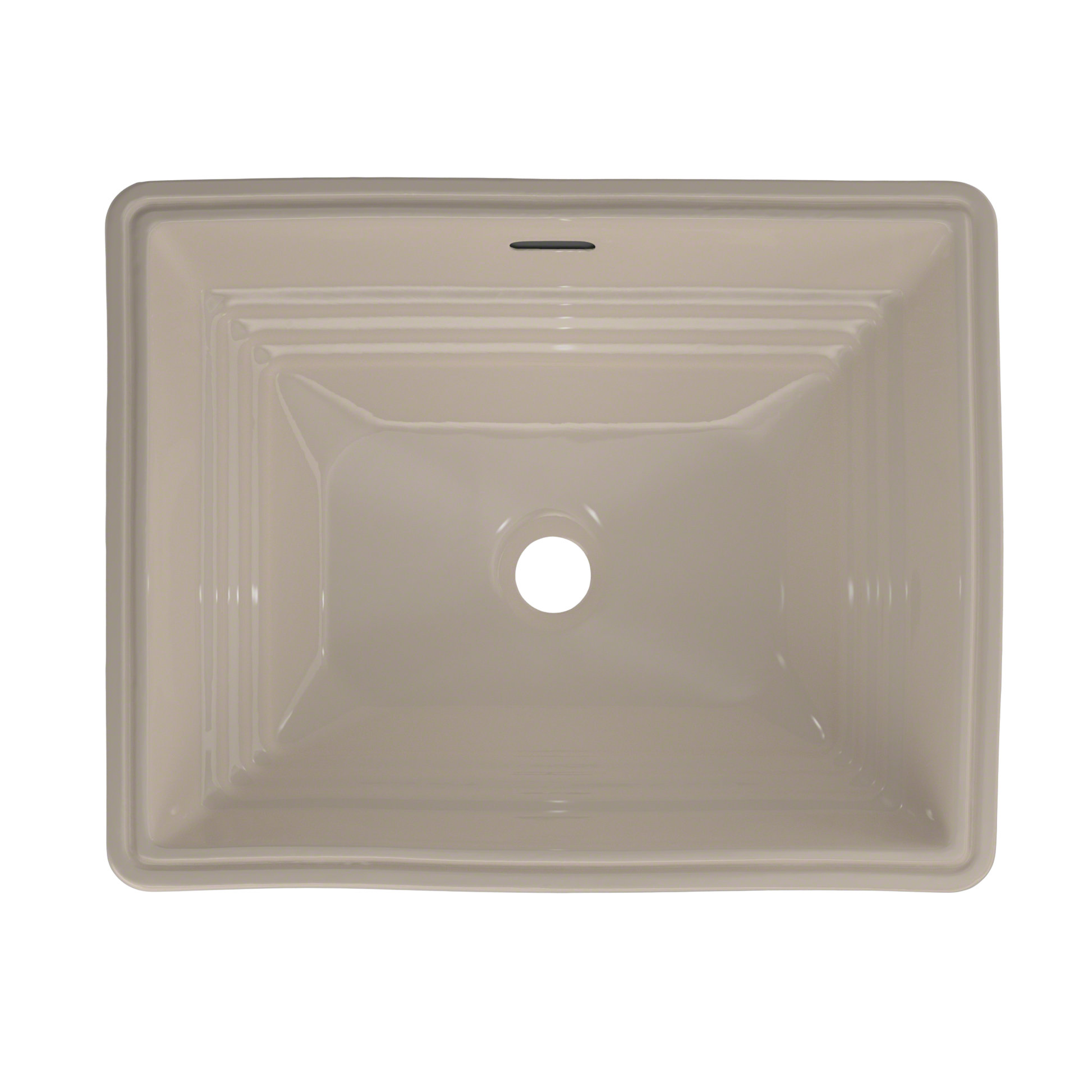 Bone-colored rectangular undermount bathroom sink with centered drain hole and stepped interior basin.