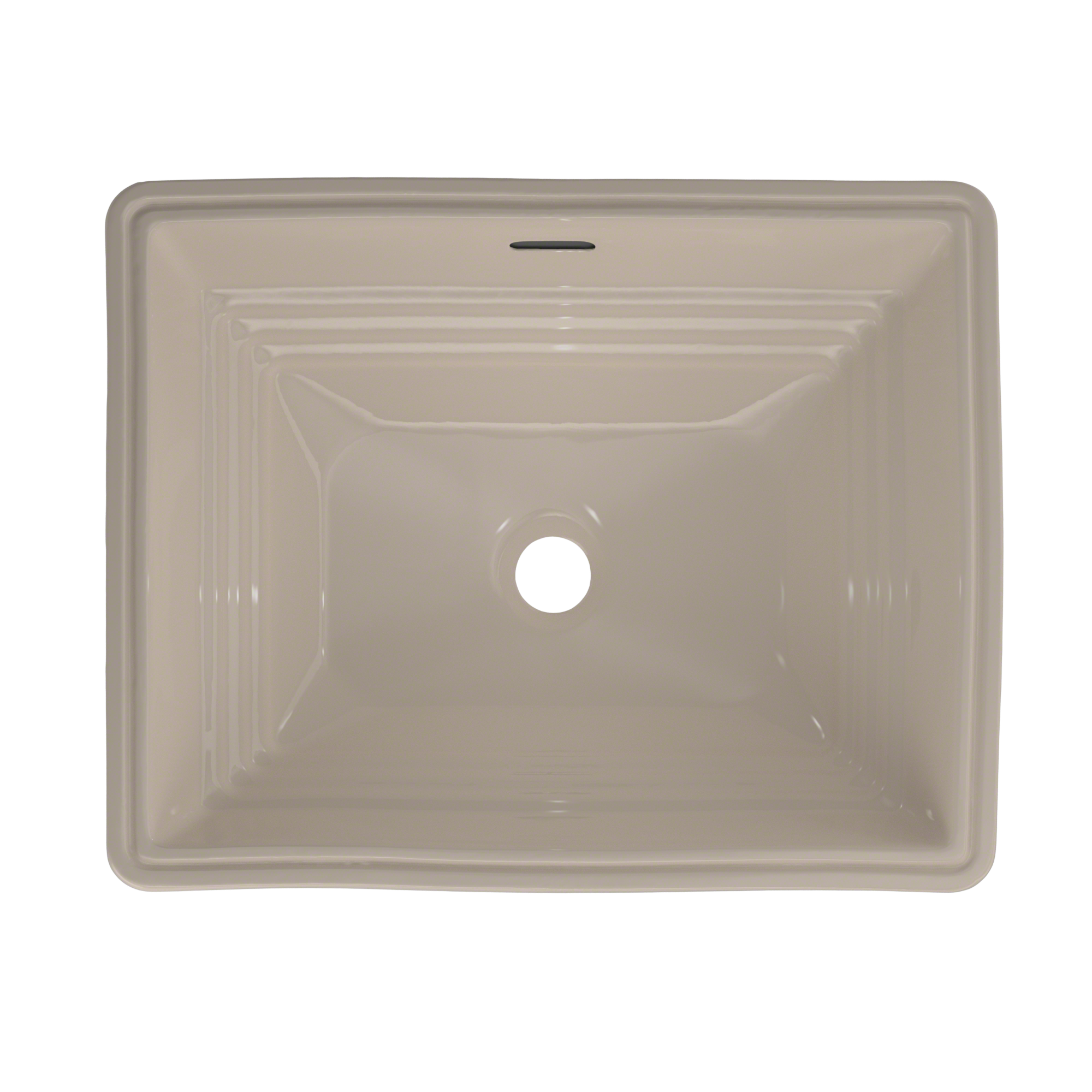 Bone-colored rectangular undermount bathroom sink with centered drain hole and stepped interior basin.