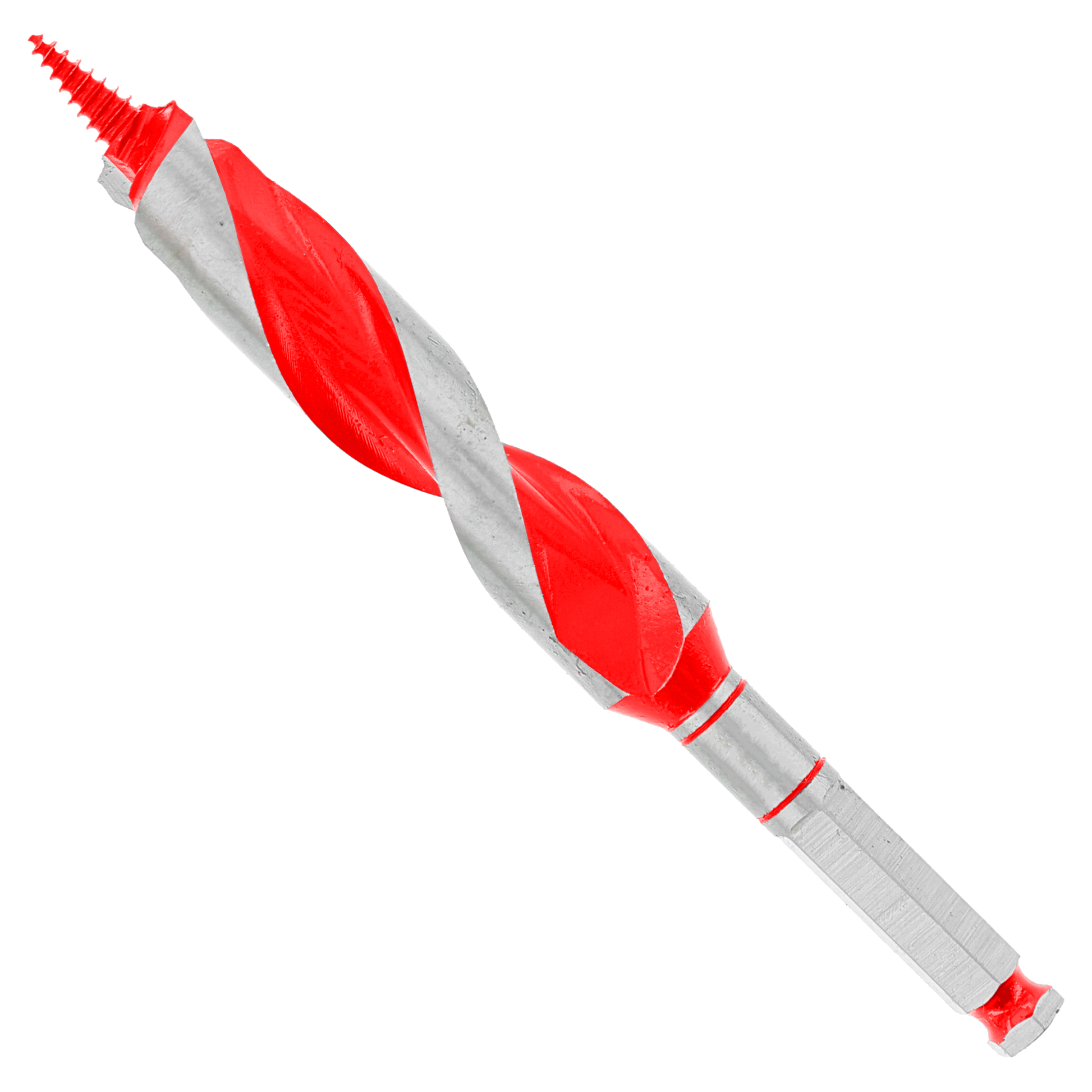 Red and gray auger bit with spiral flutes and hex shank for drilling applications.