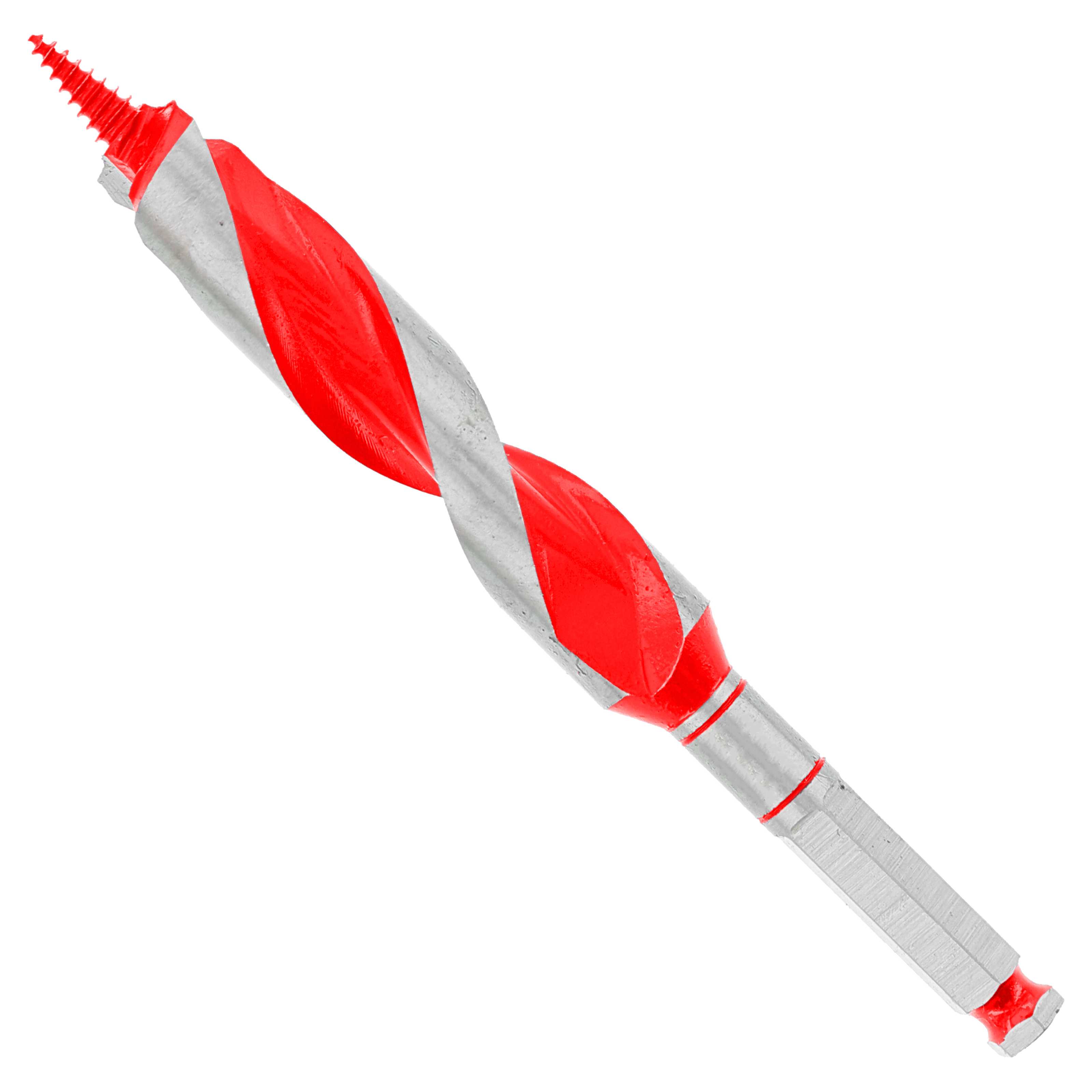 Red and gray auger bit with spiral flutes and hex shank for drilling applications.
