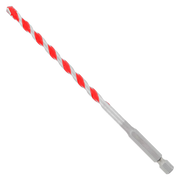 Red and gray carbide-tipped hammer drill bit with spiral flutes and hexagonal shank.
