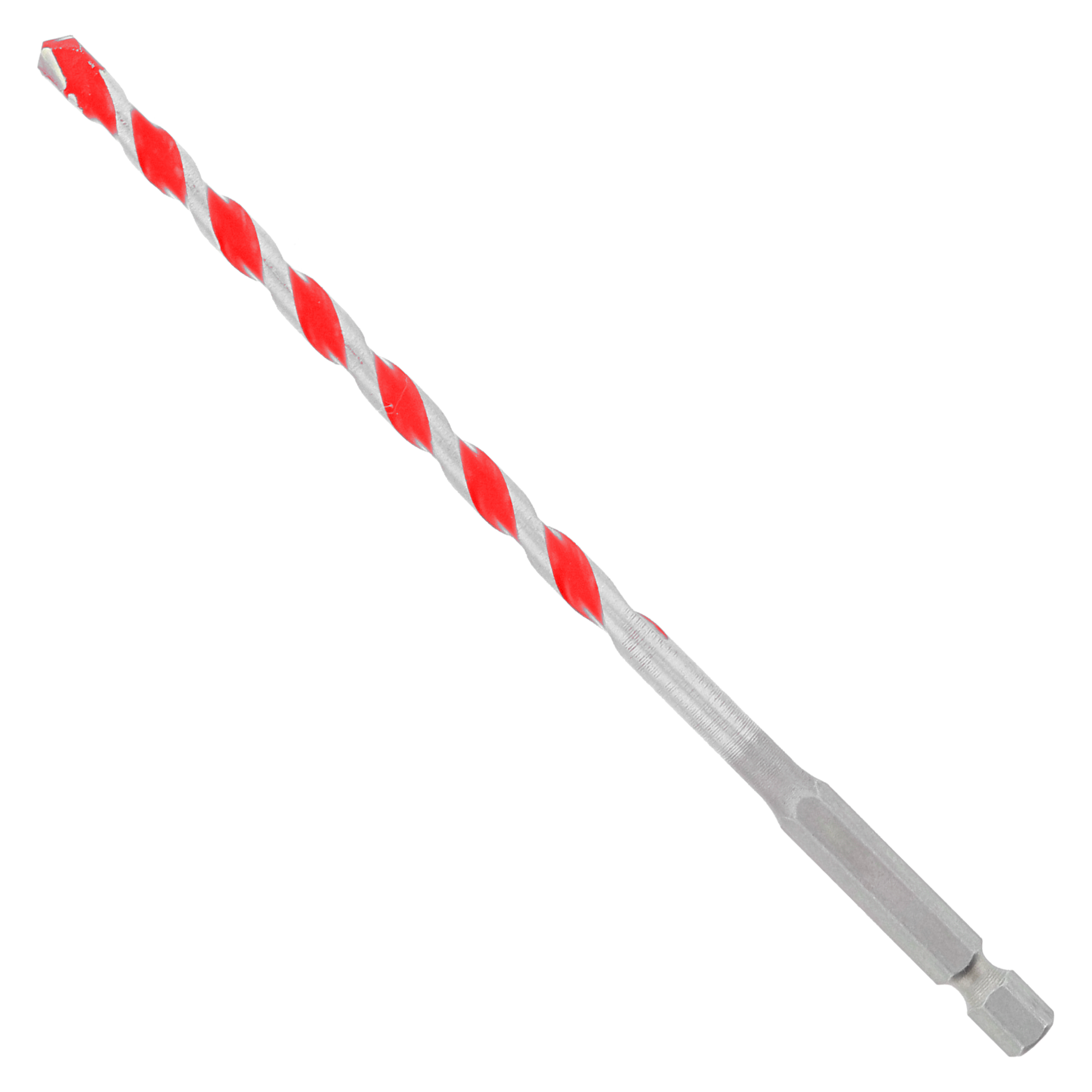 Red and gray carbide-tipped hammer drill bit with spiral flutes and hexagonal shank.