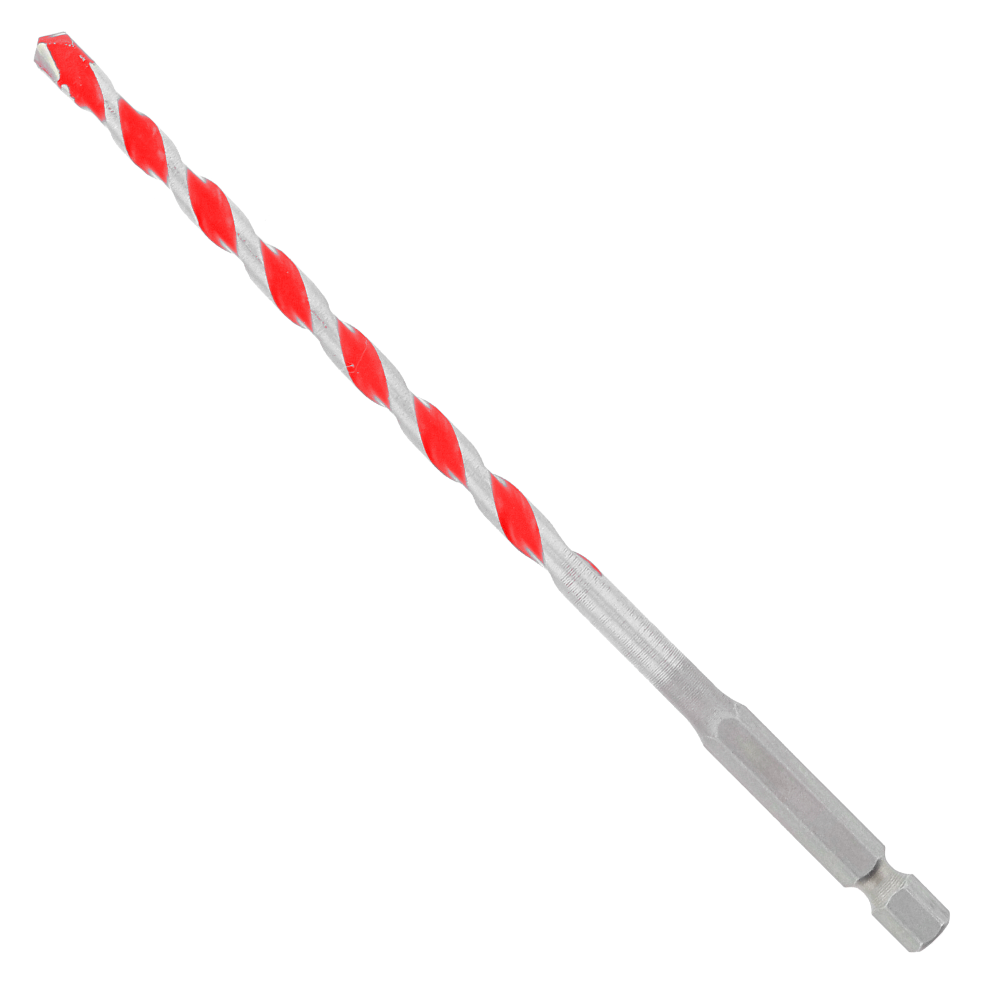 Red and gray carbide-tipped hammer drill bit with spiral flutes and hexagonal shank.