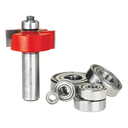 Freud rabbeting bit with red cutting head, metal shaft, and six ball bearings of varying sizes.