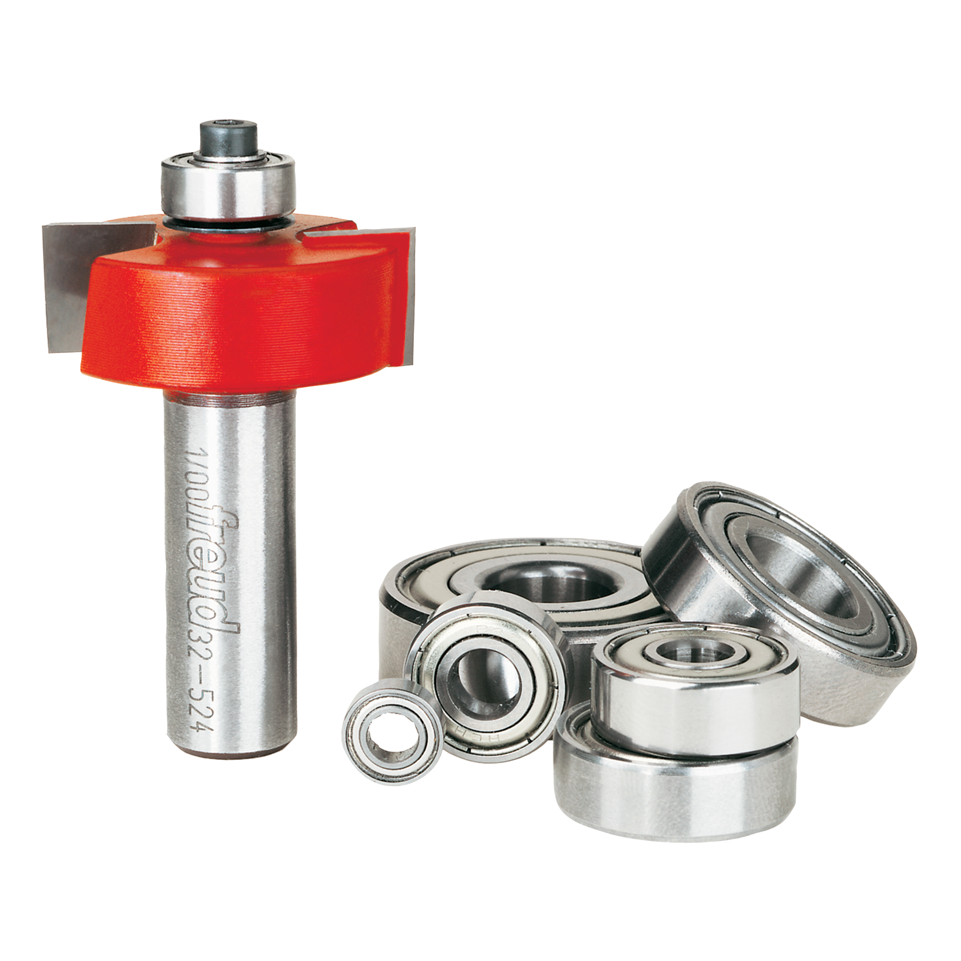Freud rabbeting bit with red cutting head, metal shaft, and six ball bearings of varying sizes.